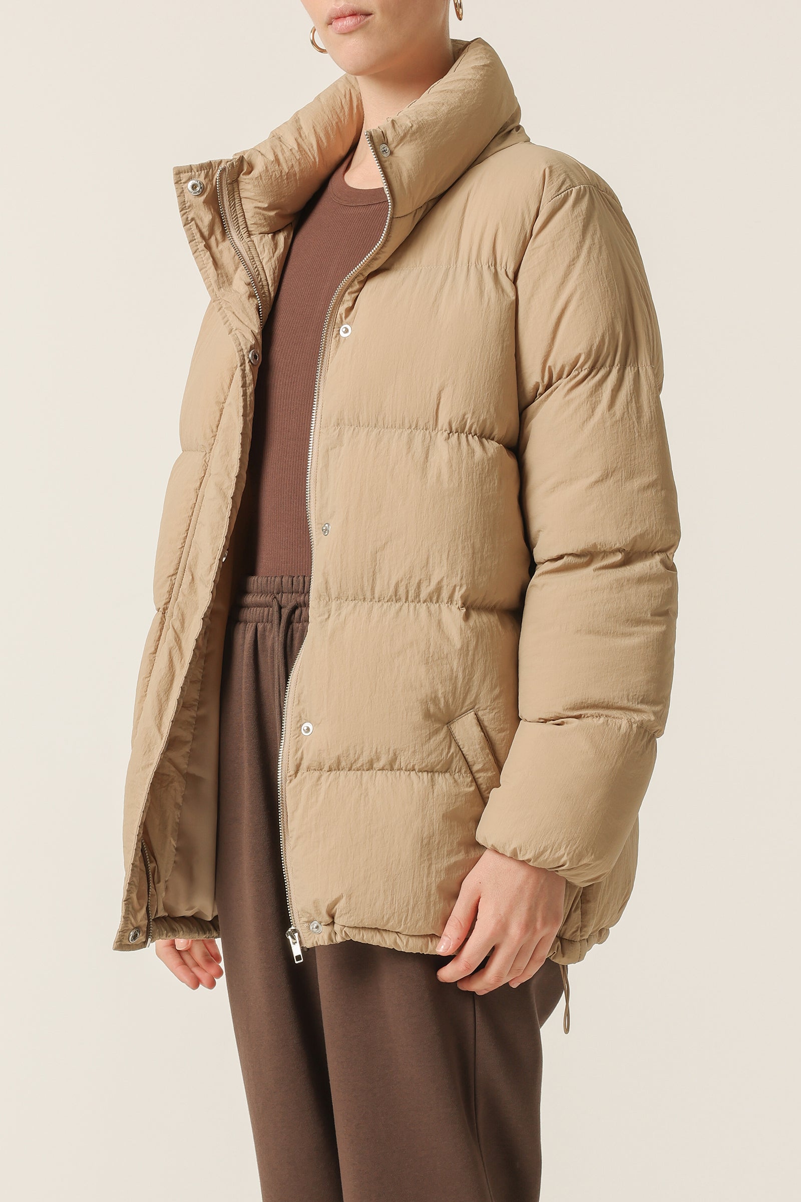 Nude Lucy Topher Longline Puffer In A Beige Sepia Colour 