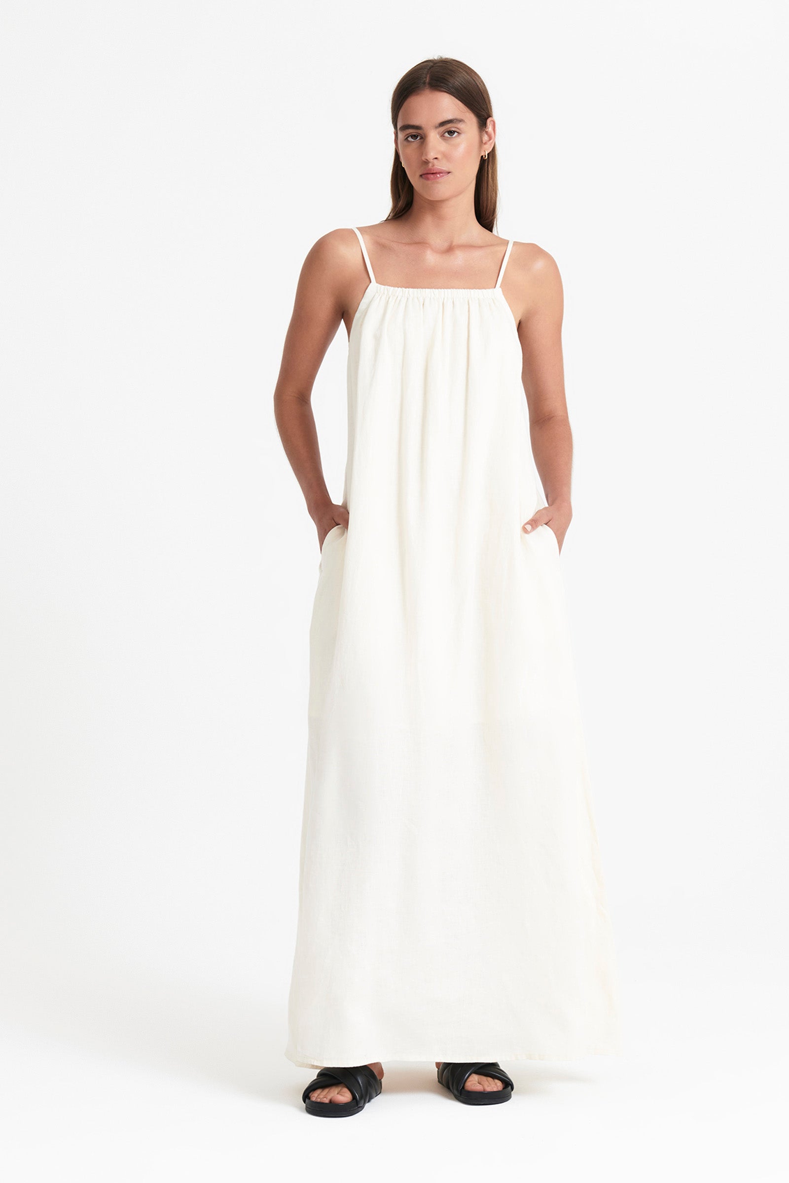 Nude Lucy Obi Linen Maxi Dress in White Cloud