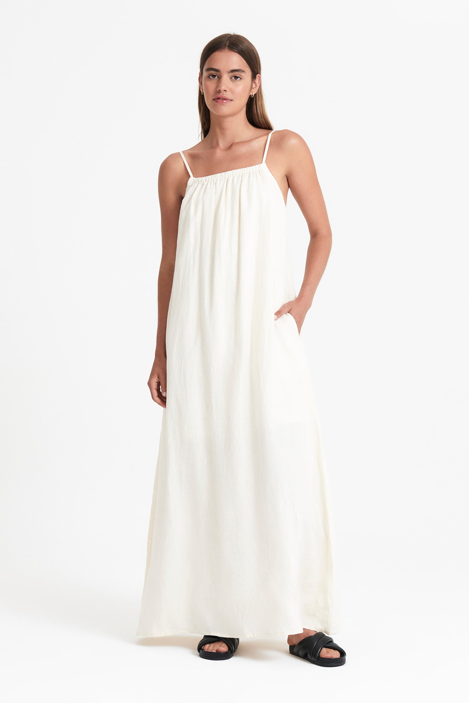 Nude Lucy Obi Linen Maxi Dress in White Cloud