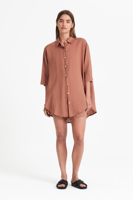 LOUNGE LINEN LONGLINE SHIRT-Terracotta