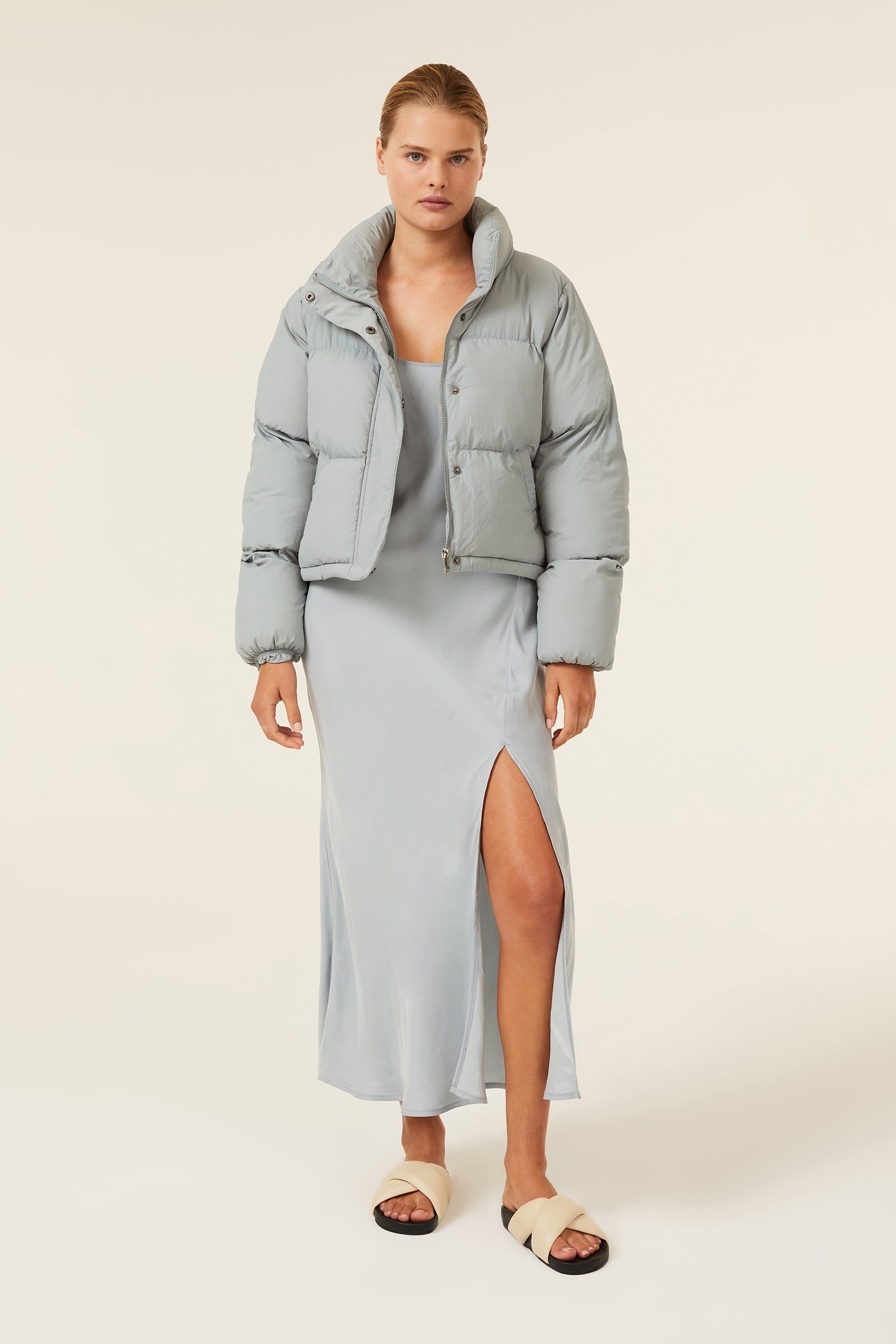 Nude Lucy Topher Puffer Jacket In A Green & Blue Toned Marine Colour 