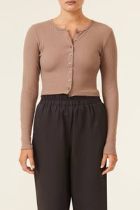 Nude Lucy Eden Button Front Waffle Tee in a Brown Carob Colour