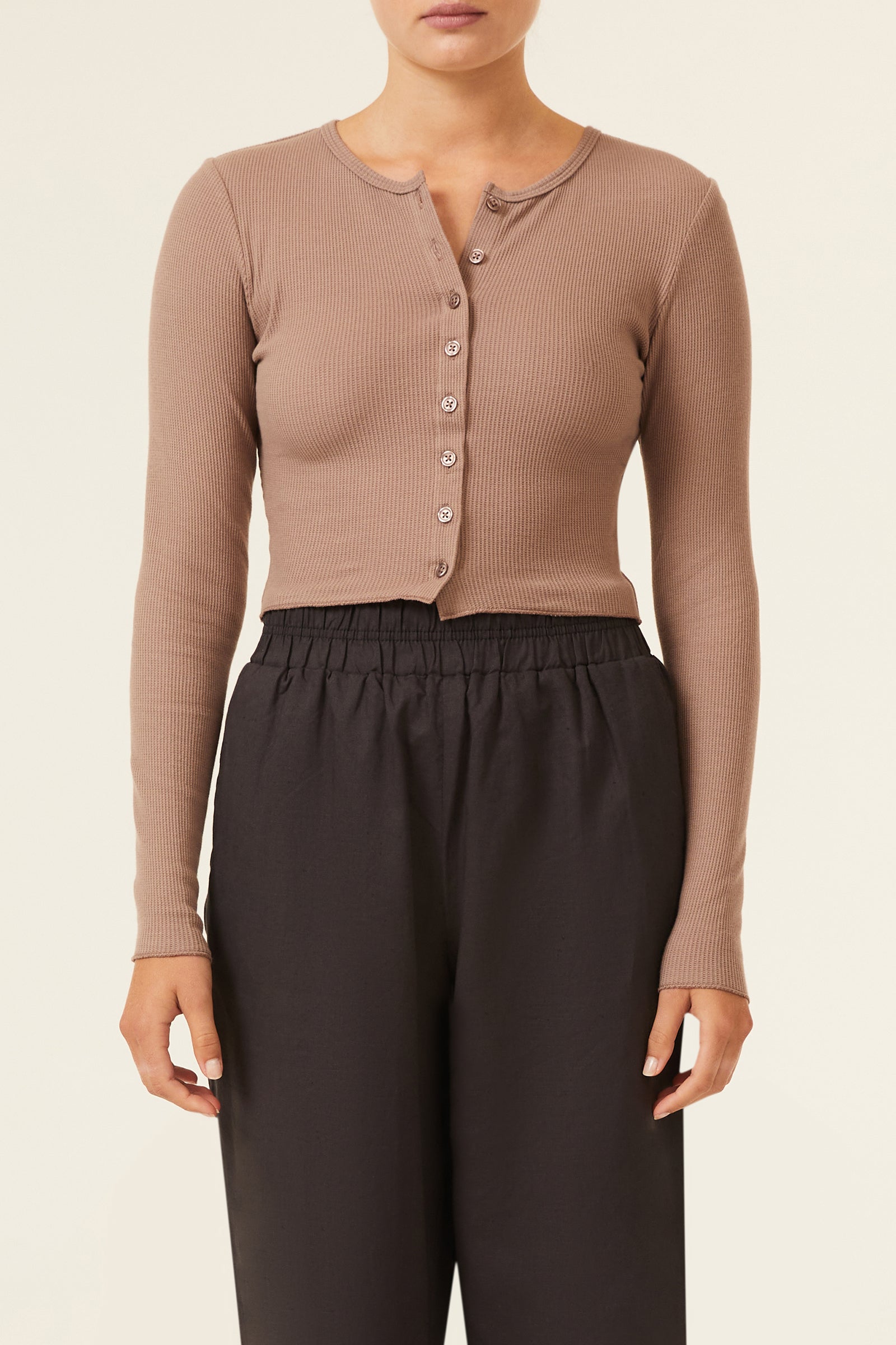 Nude Lucy Eden Button Front Waffle Tee In A Brown Carob Colour 