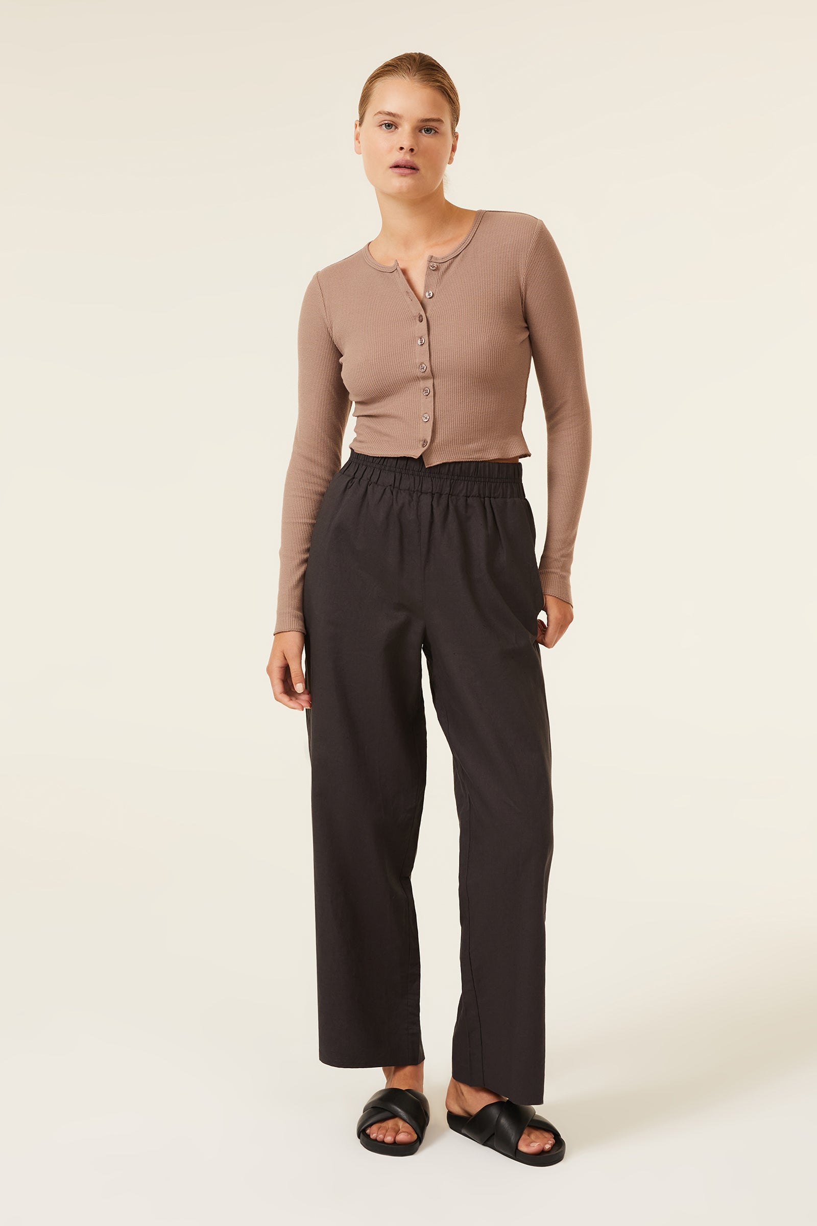 Nude Lucy Eden Button Front Waffle Tee In A Brown Carob Colour 