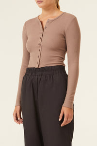 Nude Lucy Eden Button Front Waffle Tee in a Brown Carob Colour