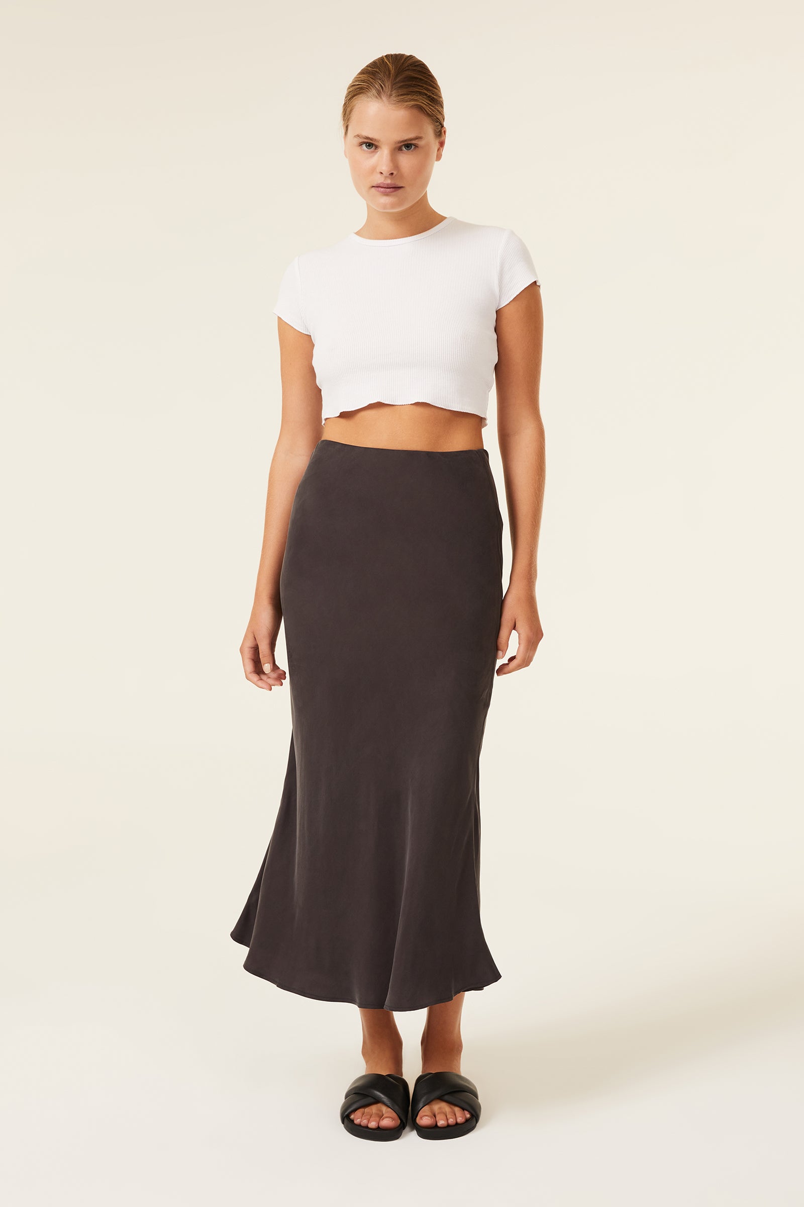 Nude Lucy Harlow Cupro Midi Skirt In A Dark Grey In A Brown Coal Colour 