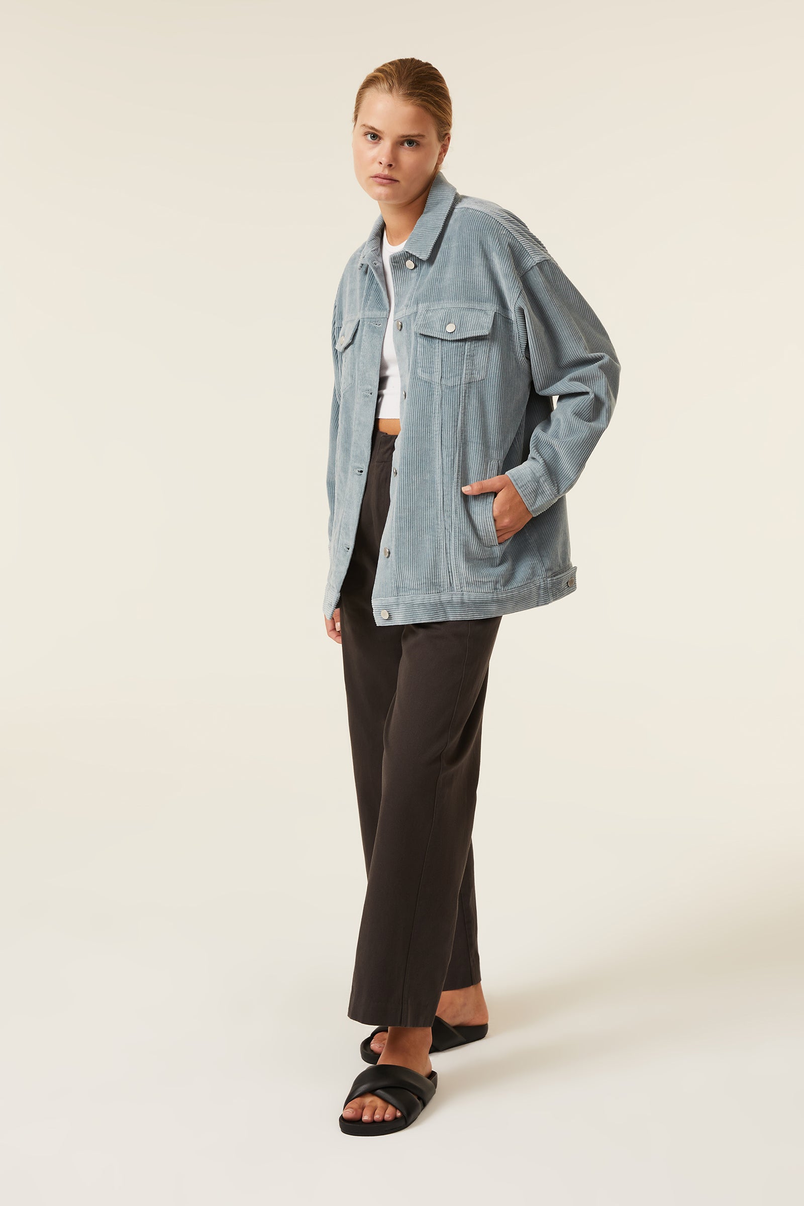Nude Lucy Binx Longline Cord Jacket In a Green & Blue Toned Marine Colour