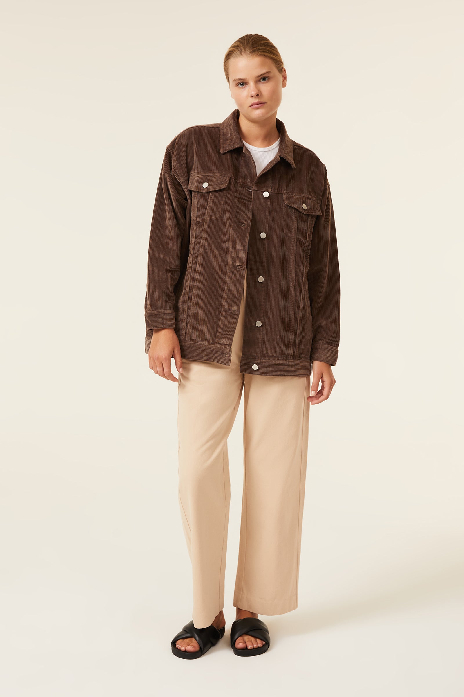 Nude Lucy Binx Longline Cord Jacket In A Dark Brown Smoke Colour 