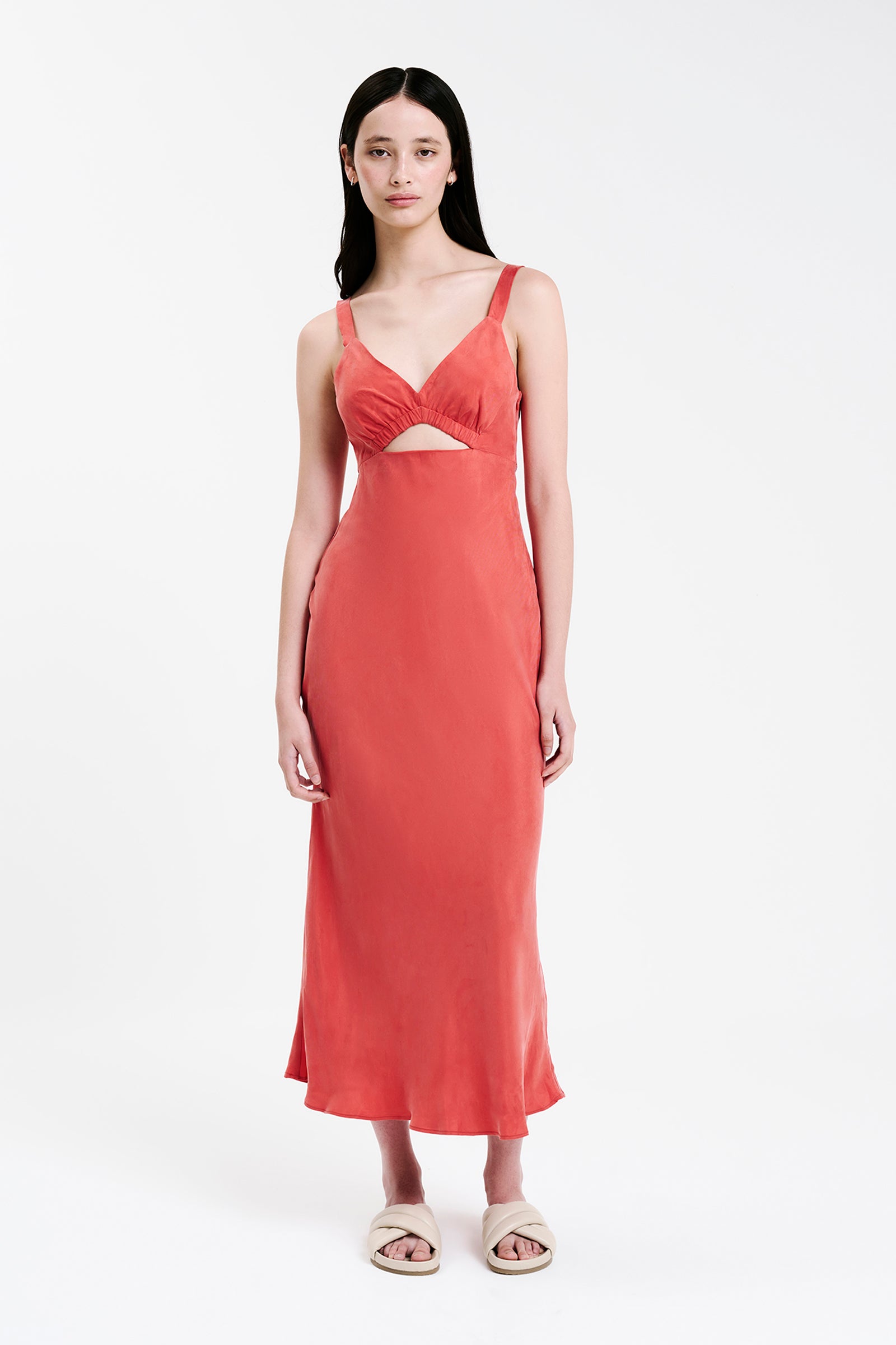 Nude Lucy Alta Cupro Midi Dress In A Pink & Orange Toned Coral Colour 