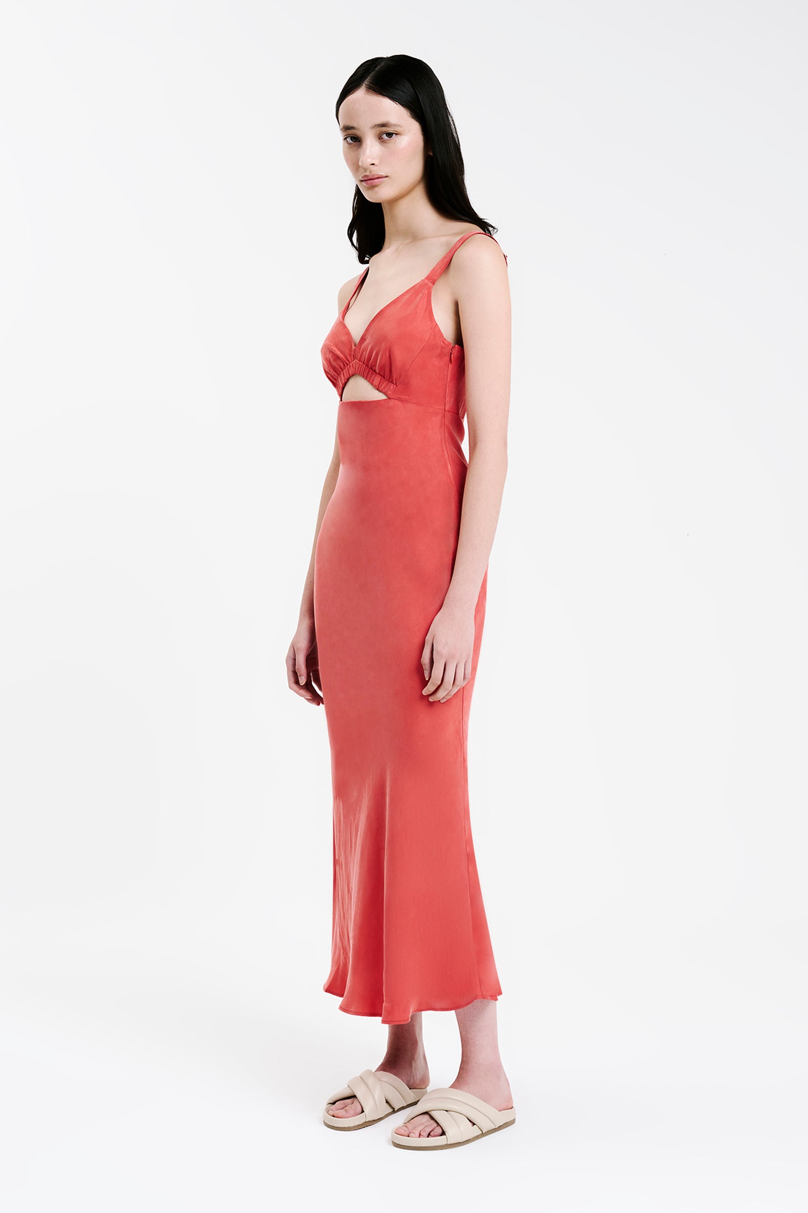 Nude Lucy Alta Cupro Midi Dress In A Pink & Orange Toned Coral Colour 