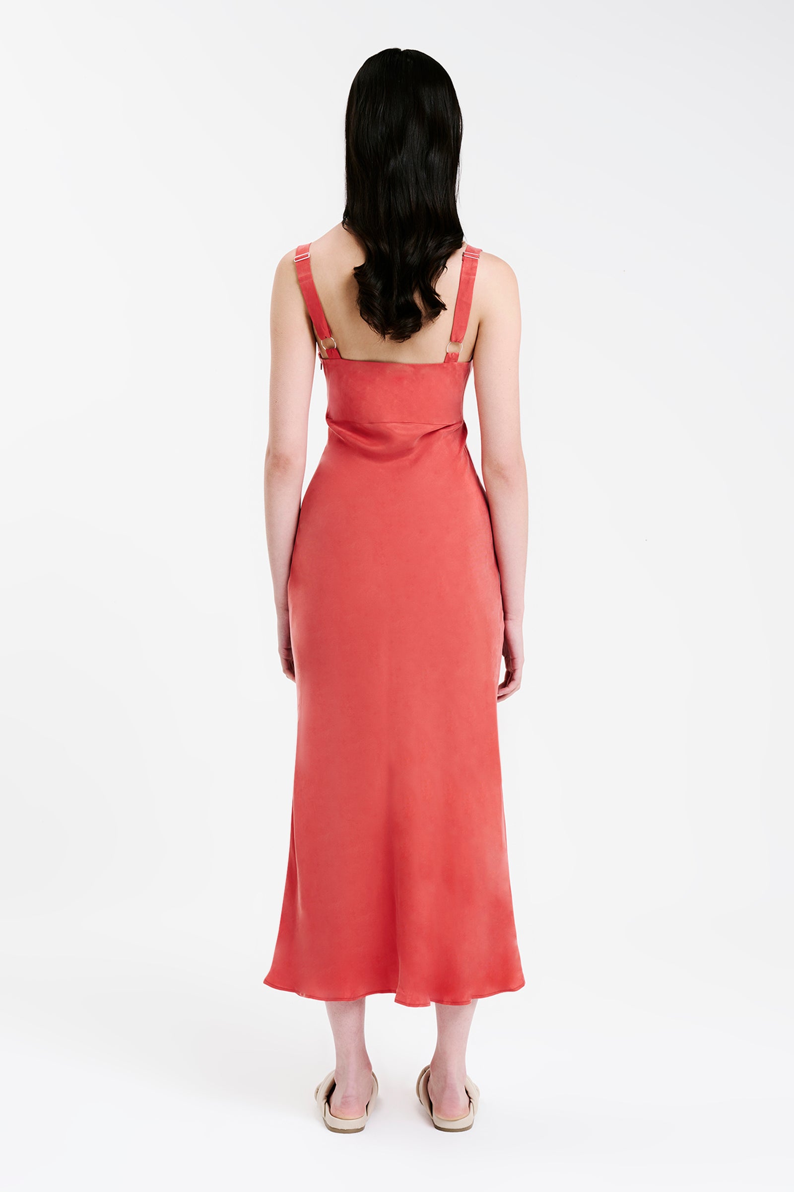 Nude Lucy Alta Cupro Midi Dress In A Pink & Orange Toned Coral Colour 