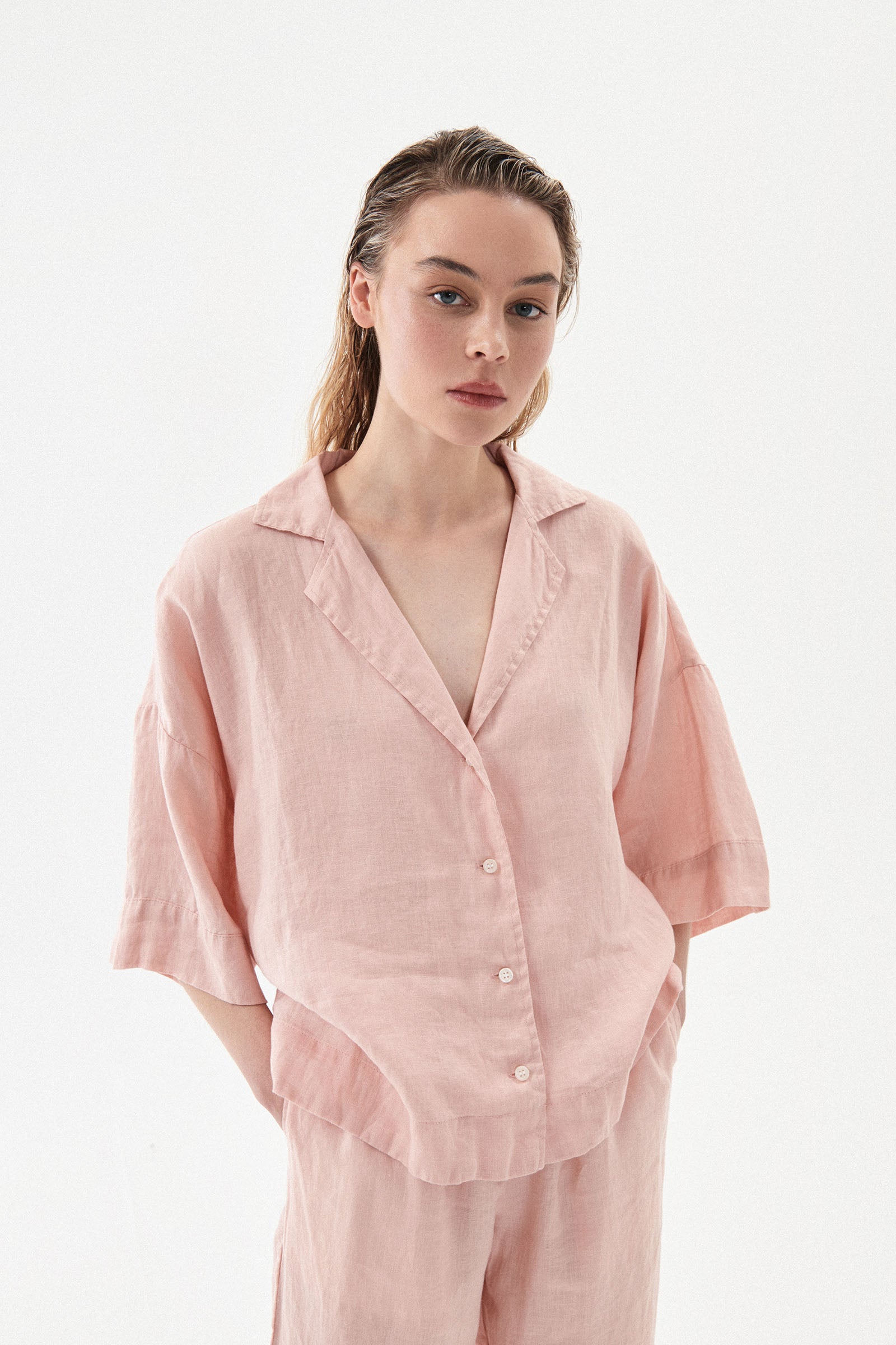 Nude Lucy Lounge Linen Shirt In A Light Pink Guava Colour 