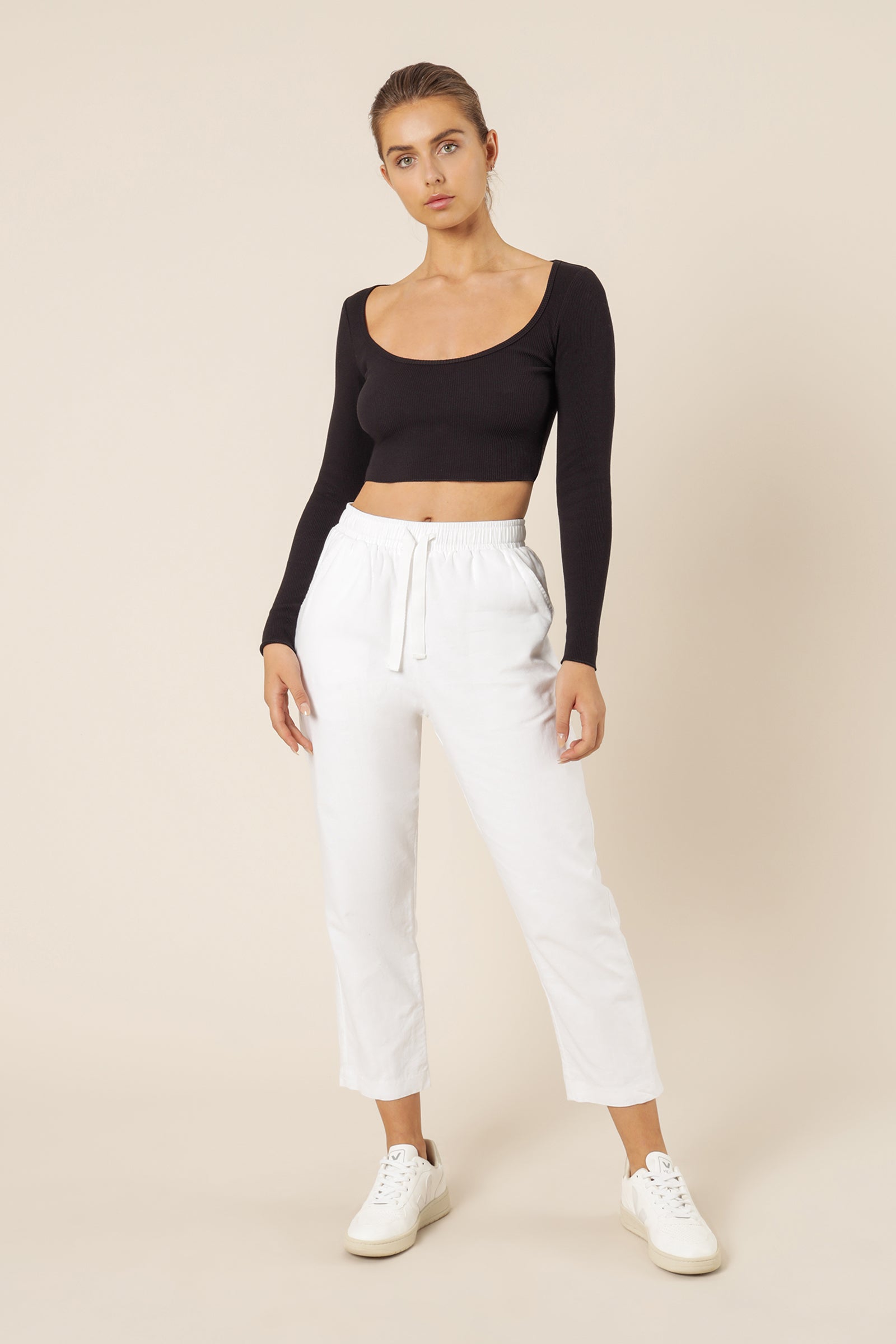 Nude Lucy Cameron Waffle Long Sleeve Scoop Tee Black Top 