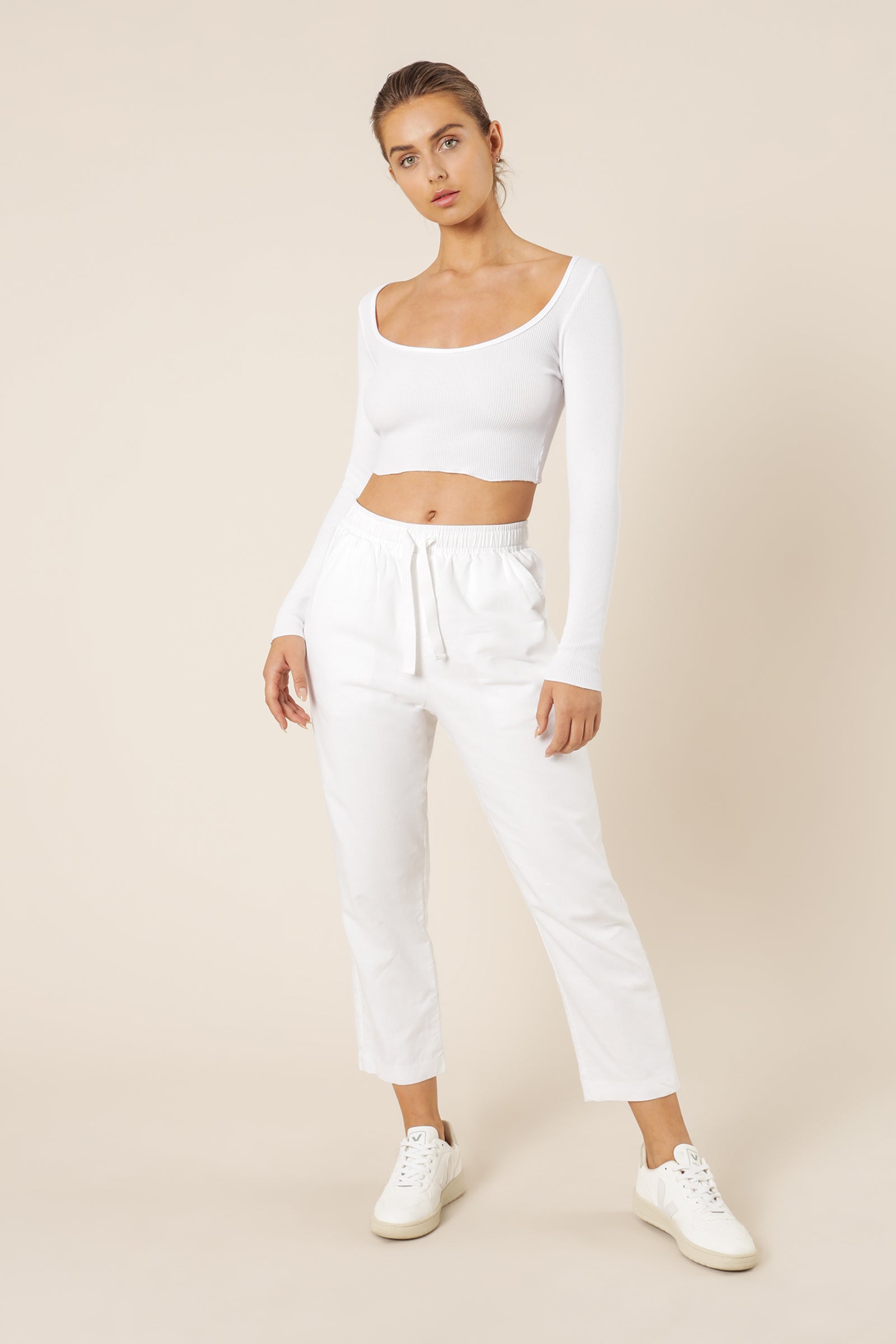 Nude Lucy Cameron Waffle Long Sleeve Scoop Tee White Top 
