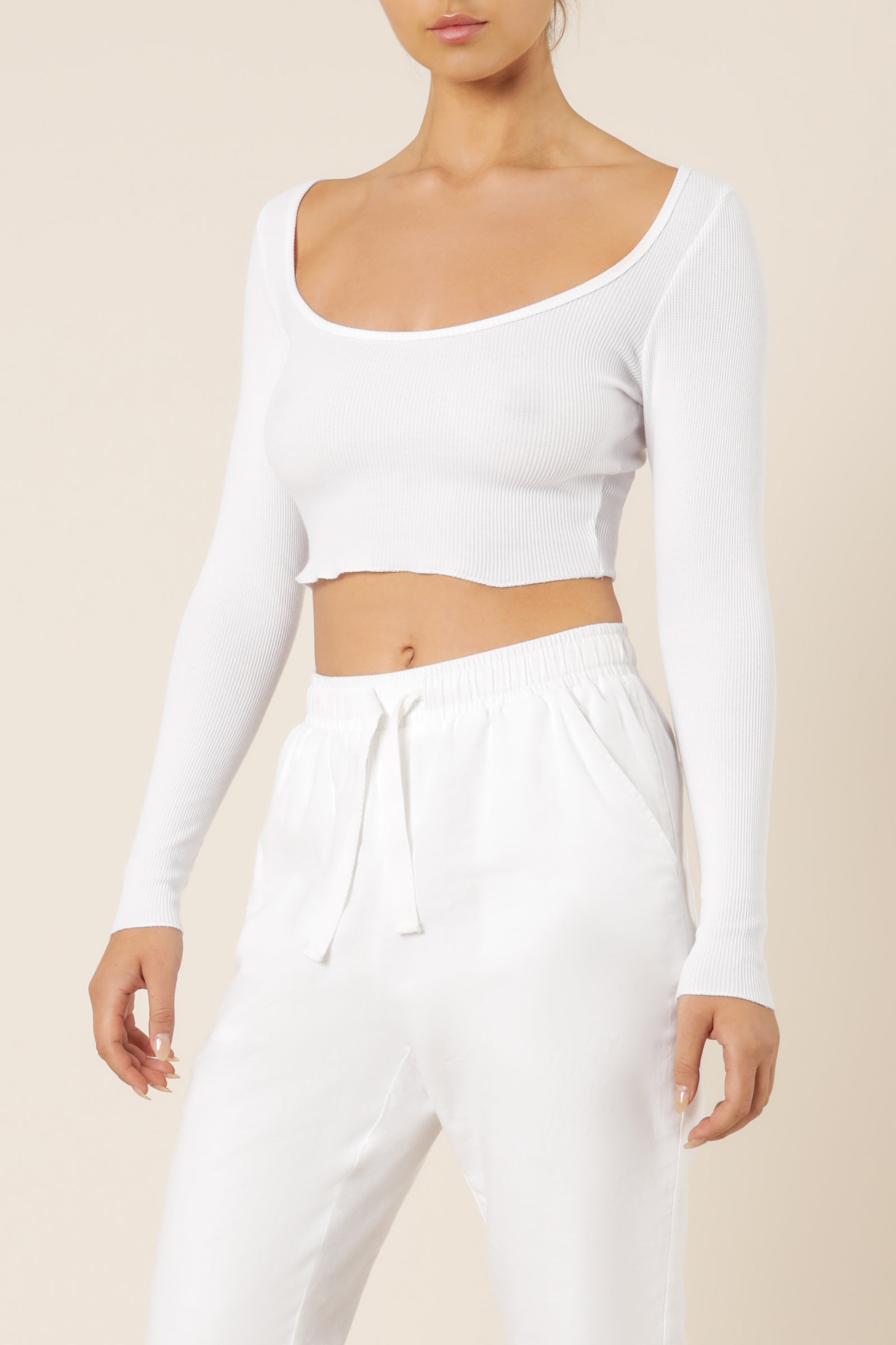 Nude Lucy Cameron Waffle Long Sleeve Scoop Tee White Top 