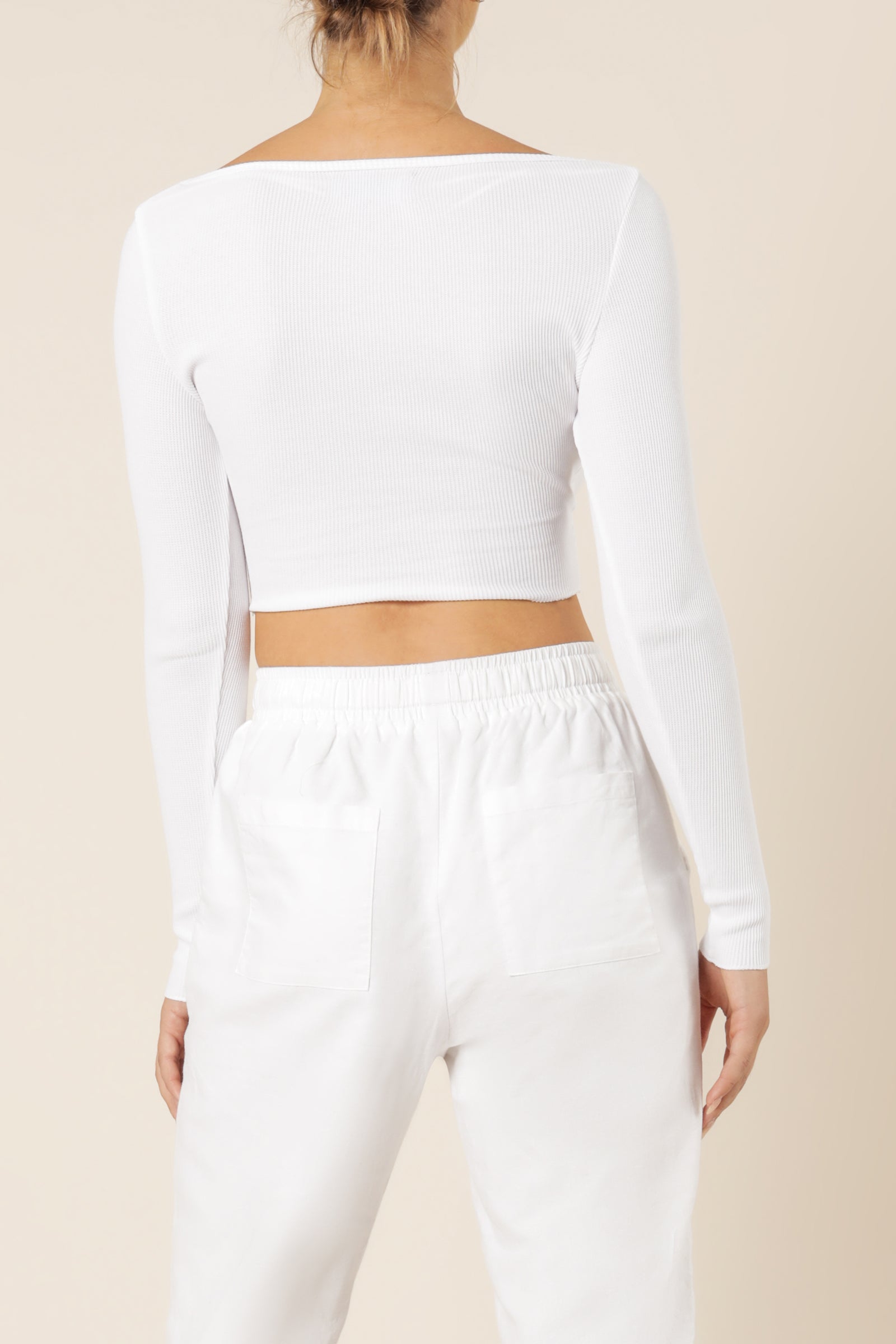 Nude Lucy Cameron Waffle Long Sleeve Scoop Tee White Top 