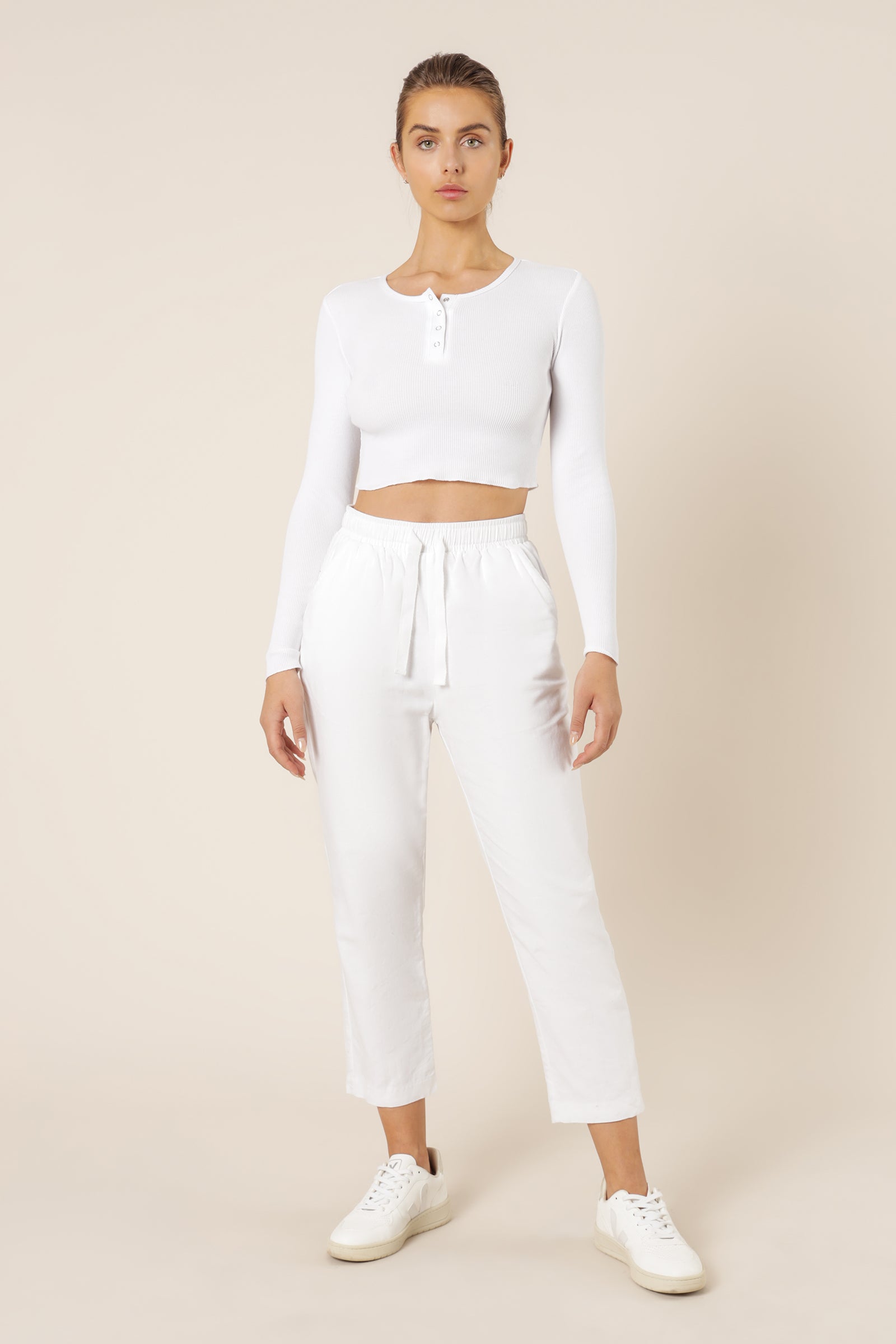Nude Lucy Frida Long Sleeve Henley Waffle Tee White Top 