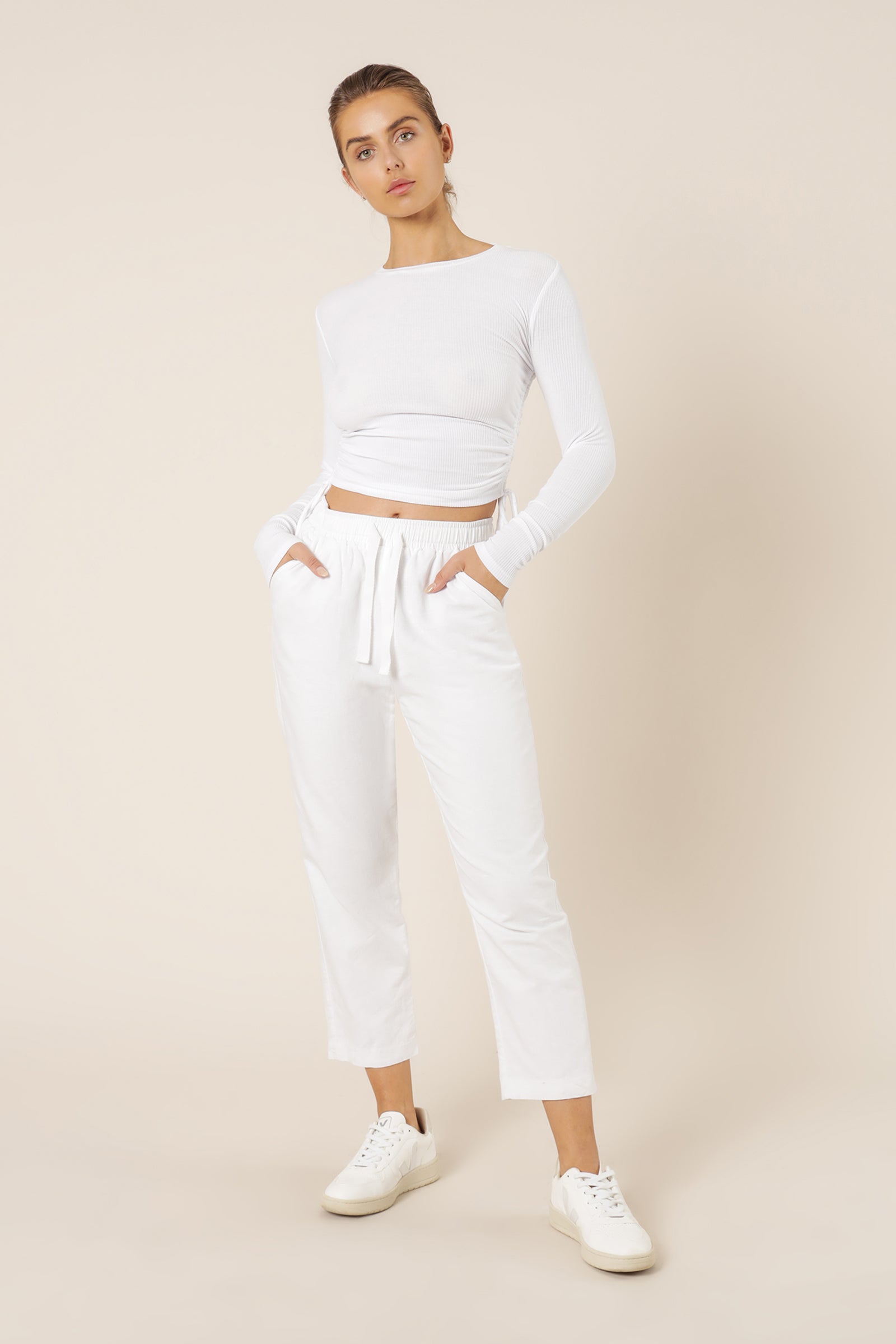 Nude Lucy June Long Sleeve Drawstring Tee White Top 