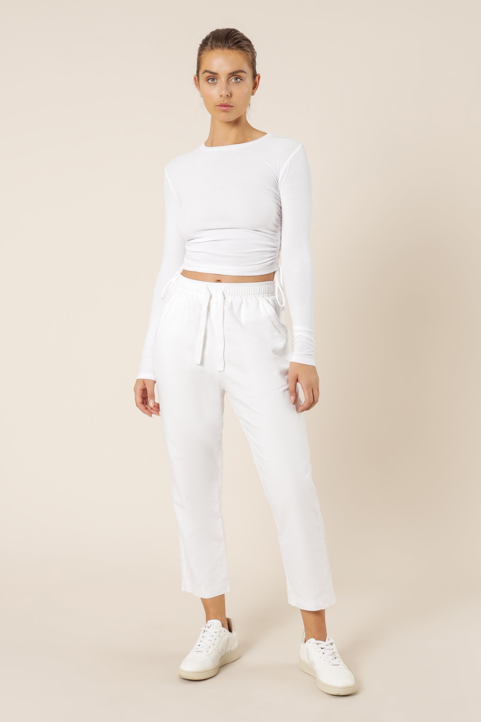Nude Lucy June Long Sleeve Drawstring Tee White Top 