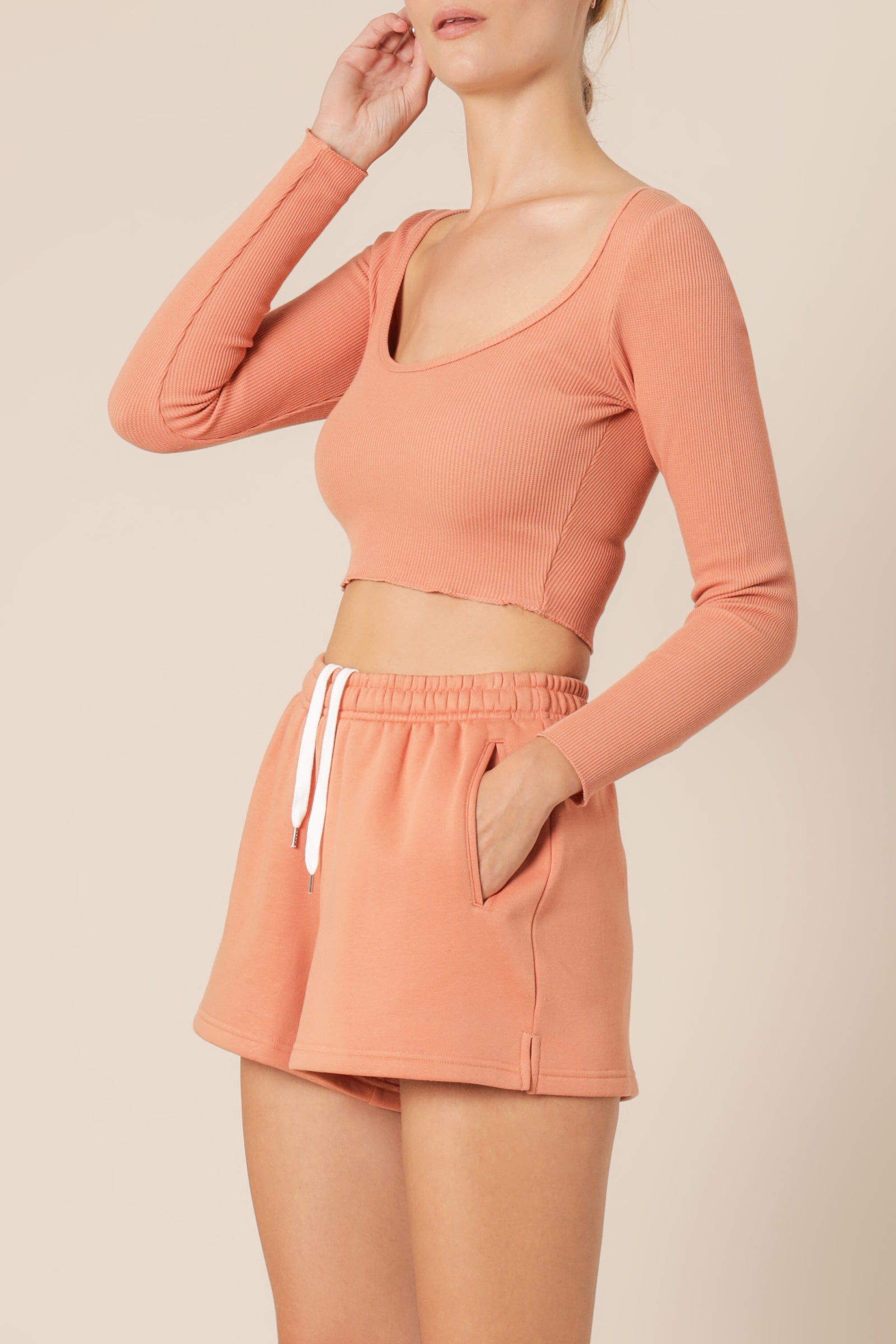 Nude Lucy Cameron Waffle Long Sleeve Scoop Tee Terracotta Top 