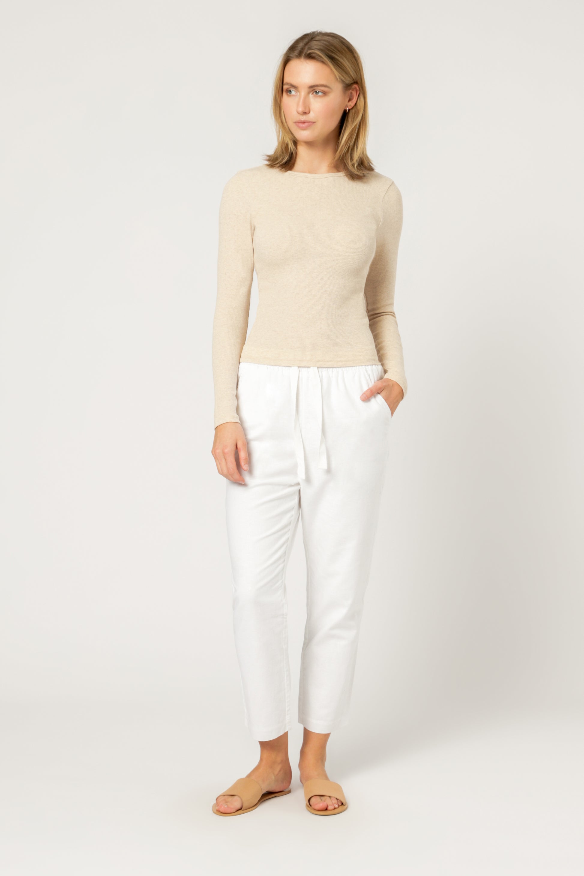 Nude Lucy Charlie Long Sleeve Rib Tee Cream Marle Top 