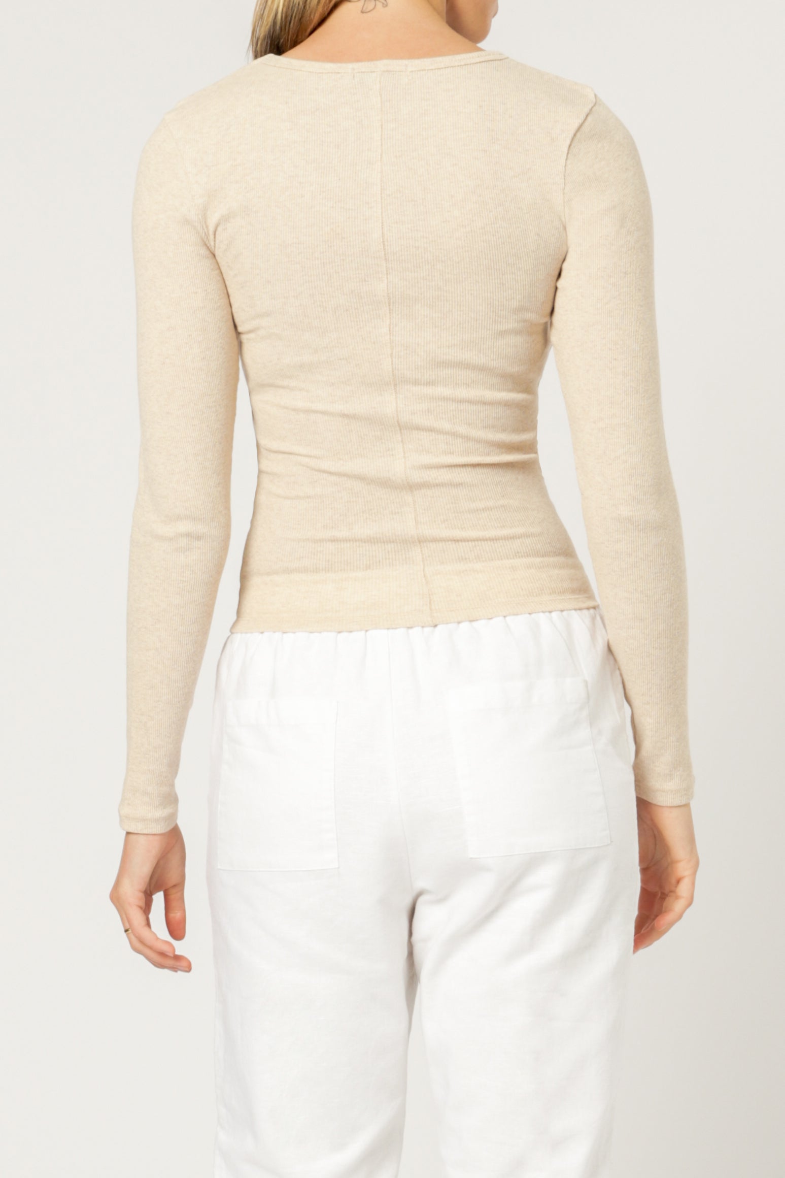 Nude Lucy Charlie Long Sleeve Rib Tee Cream Marle Top 
