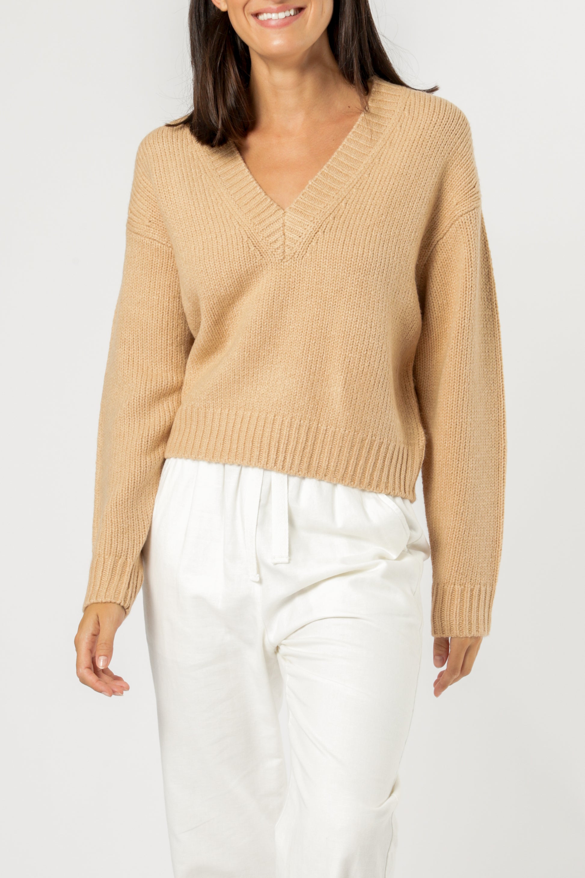 Nude Lucy Gwen V Neck Jumper Sand Knitwear 