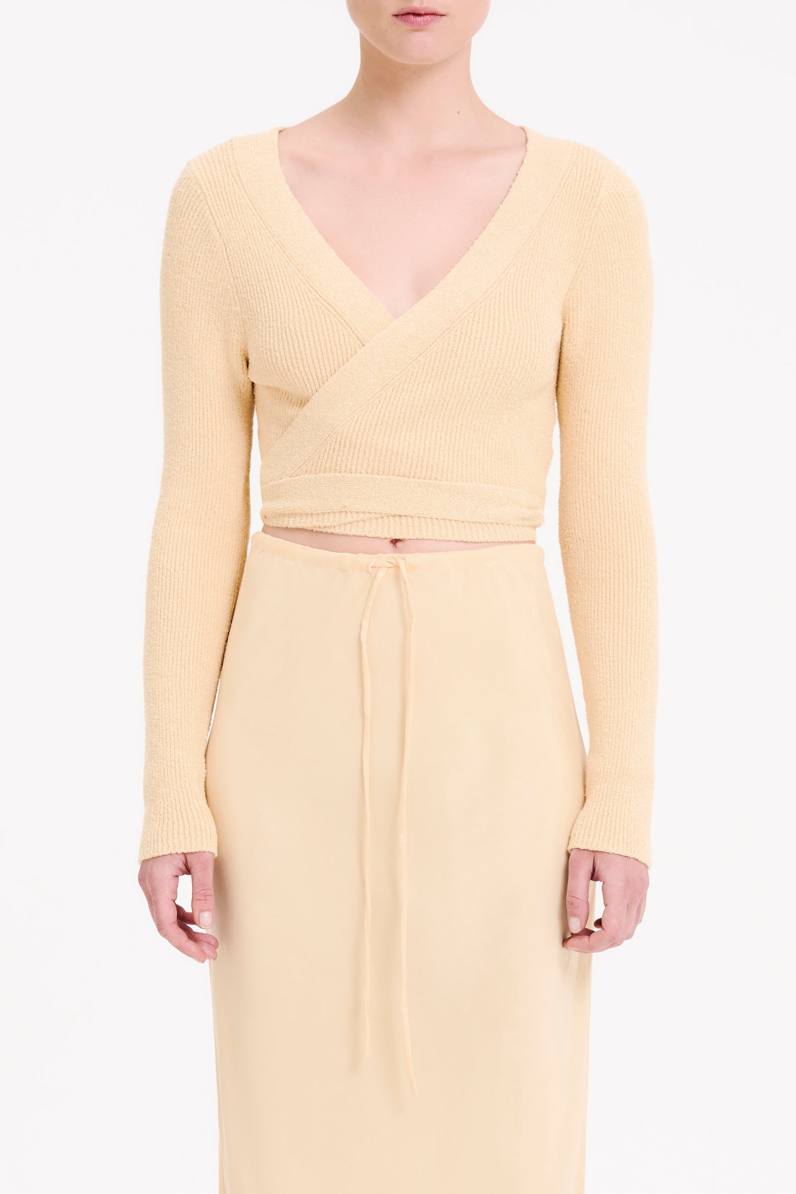 Nude Lucy Astro Knit Wrap Top in a Yellow Straw Colour