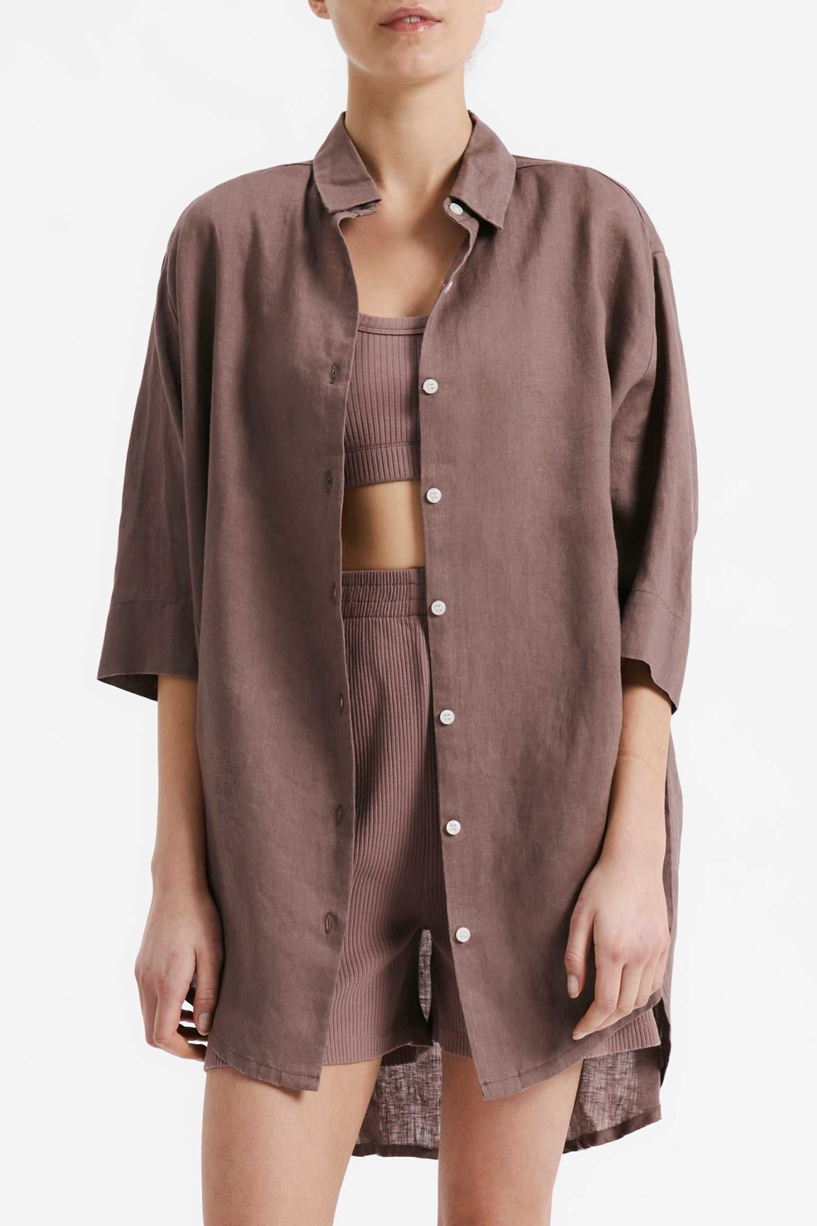 Nude Lucy Lounge Linen Longline Shirt In Soot 