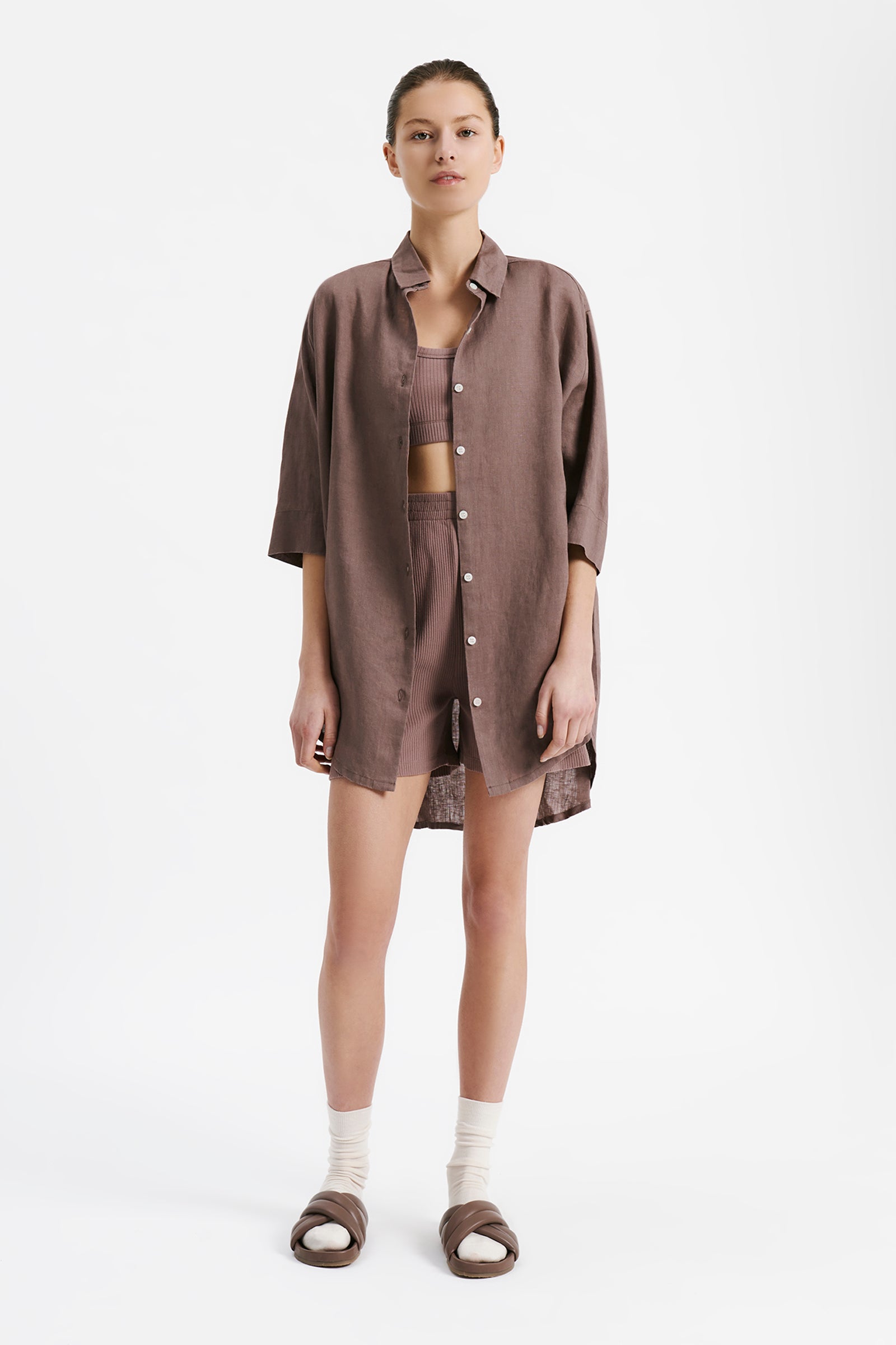 Nude Lucy Lounge Linen Longline Shirt In Soot 