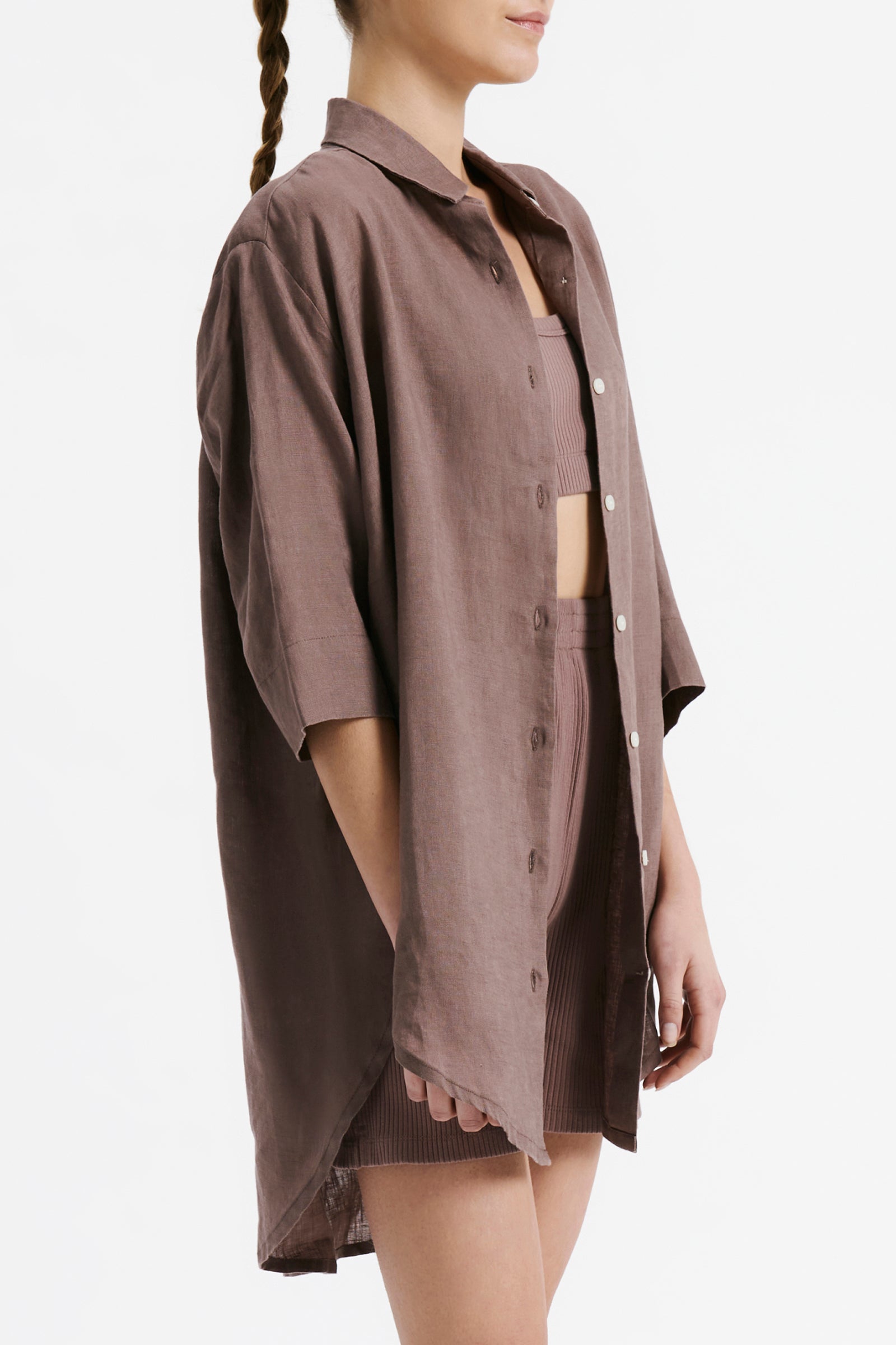 Nude Lucy Lounge Linen Longline Shirt In Soot 