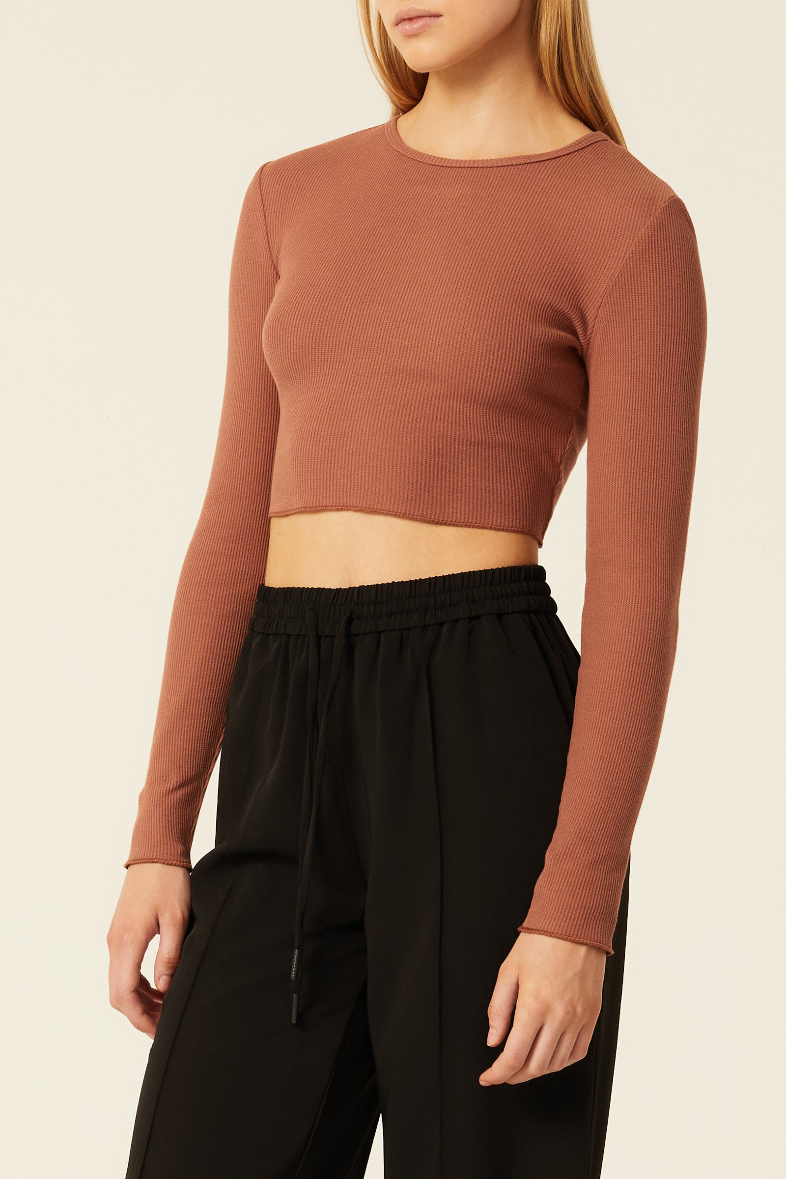 Nude Lucy Cameron Waffle Long Sleeve Tee In A Light Brown Brandy Colour 