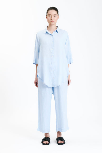 LOUNGE LINEN LONGLINE SHIRT-Sky