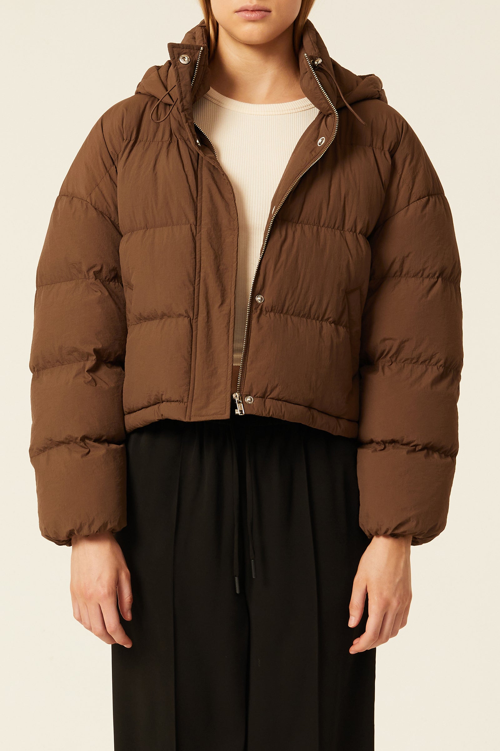 Nude Lucy Atlanta Hooded Puffer In A Deep Brown Espresso Colour 