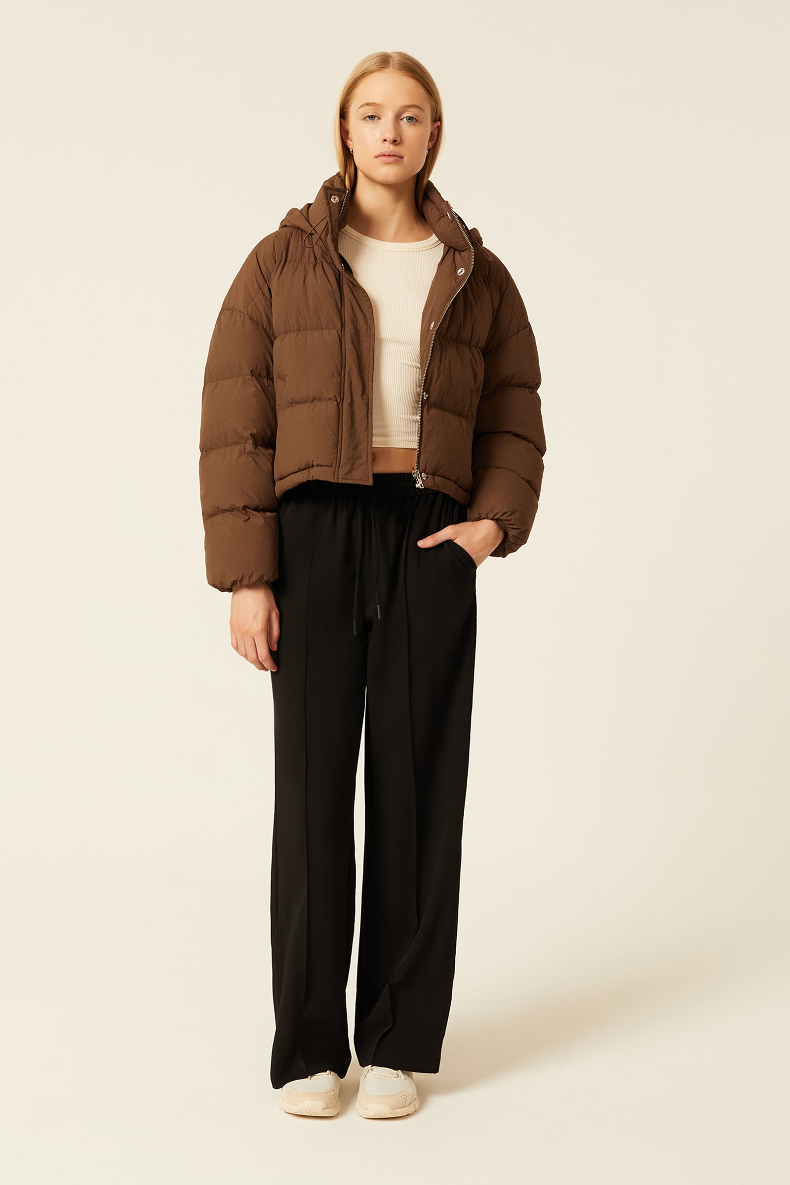 Nude Lucy Atlanta Hooded Puffer In A Deep Brown Espresso Colour 
