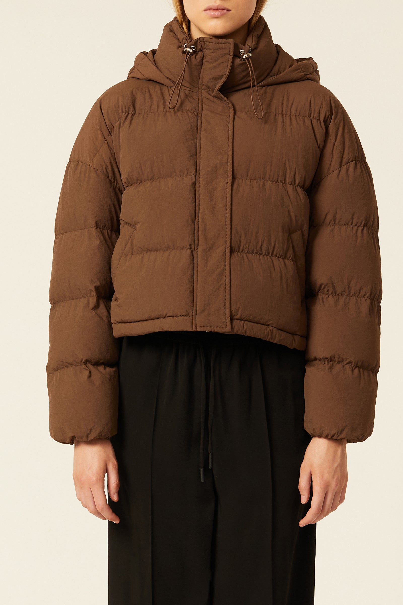 Nude Lucy Atlanta Hooded Puffer In A Deep Brown Espresso Colour 