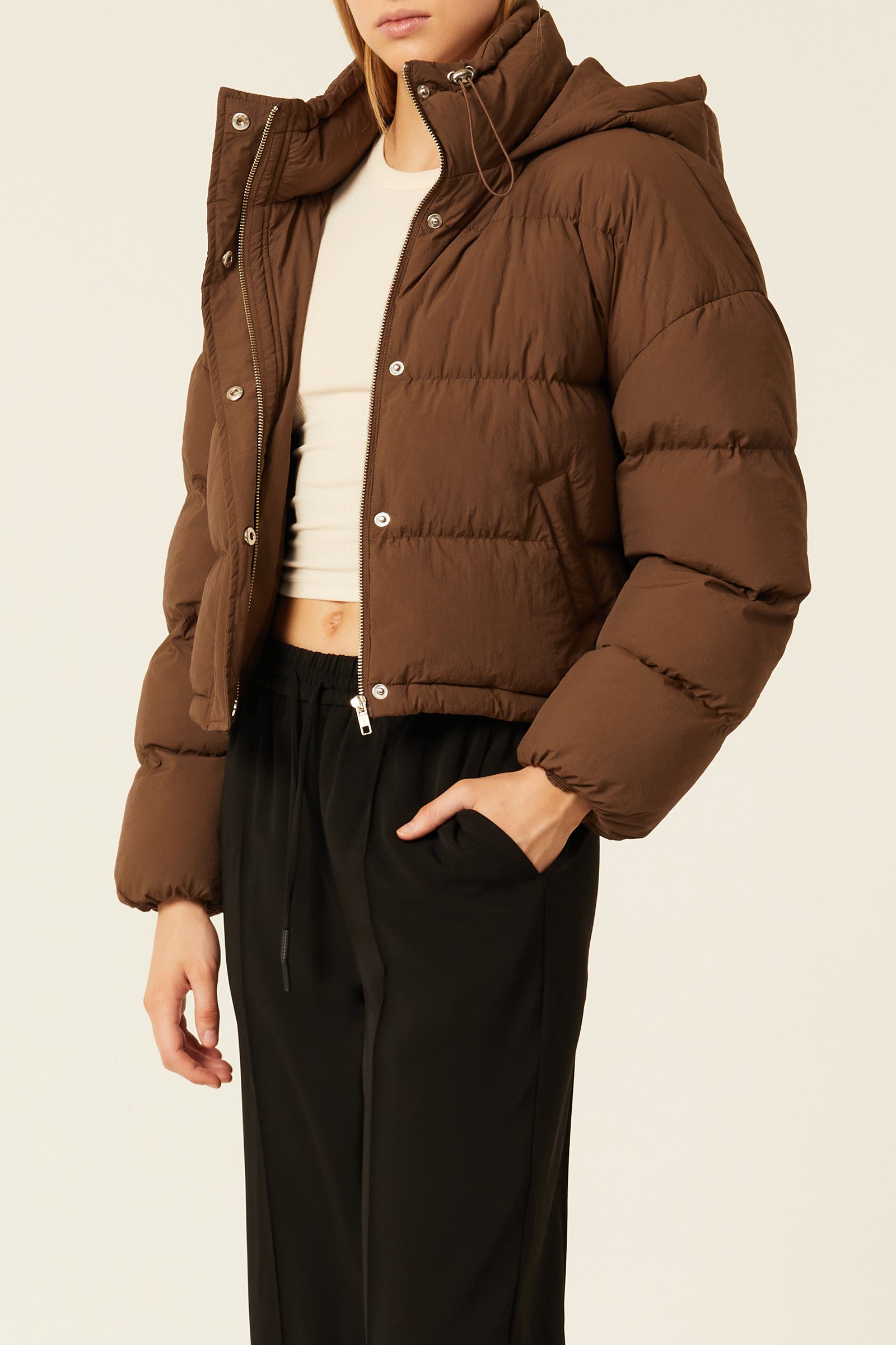 Nude Lucy Atlanta Hooded Puffer In A Deep Brown Espresso Colour 