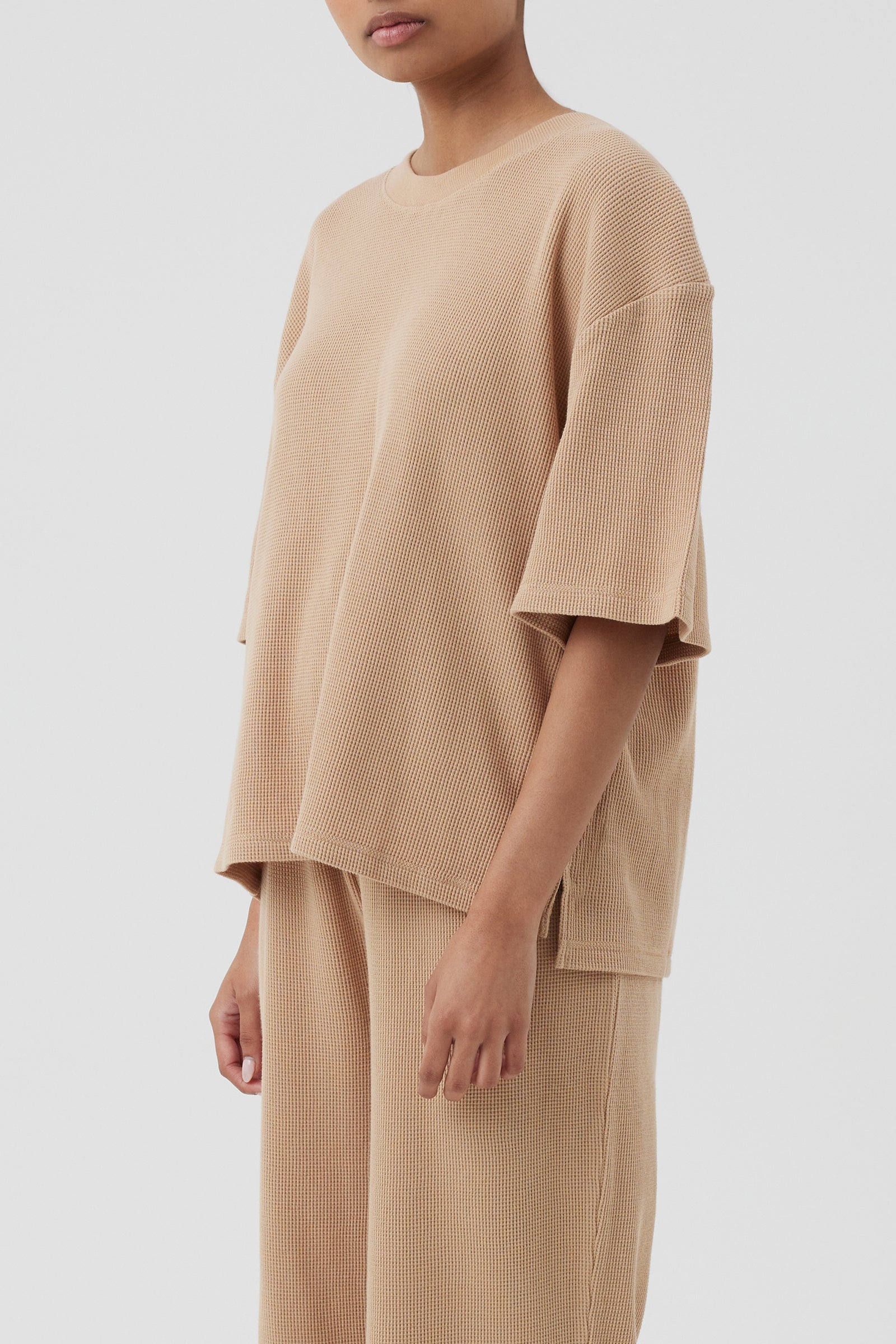 Nude Lucy Kin Waffle Tee In a Light Brown Biscuit Colour