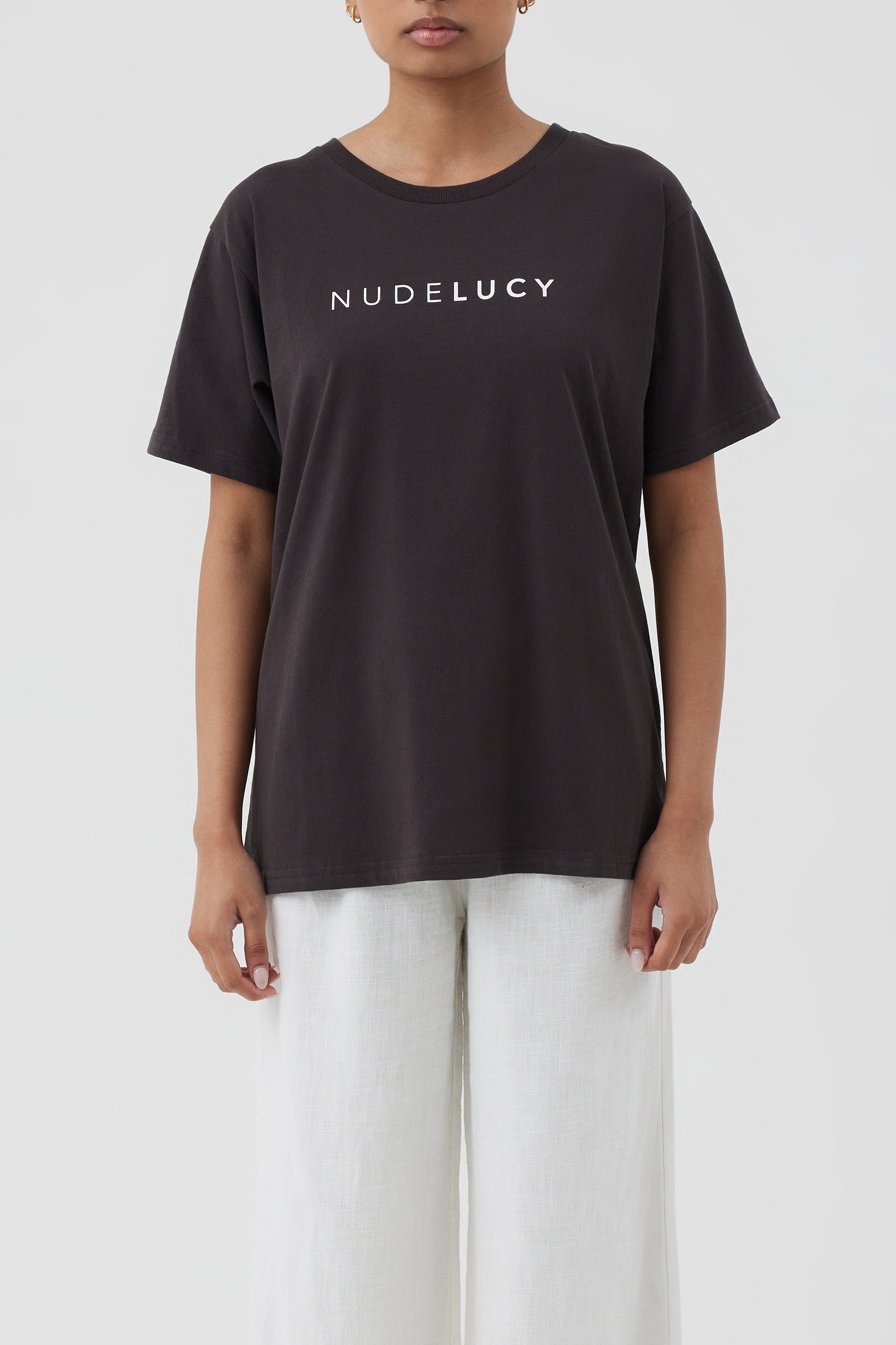 Nude Lucy Nude Lucy Slogan Tee in a Dark Grey In a Brown Coal Colour