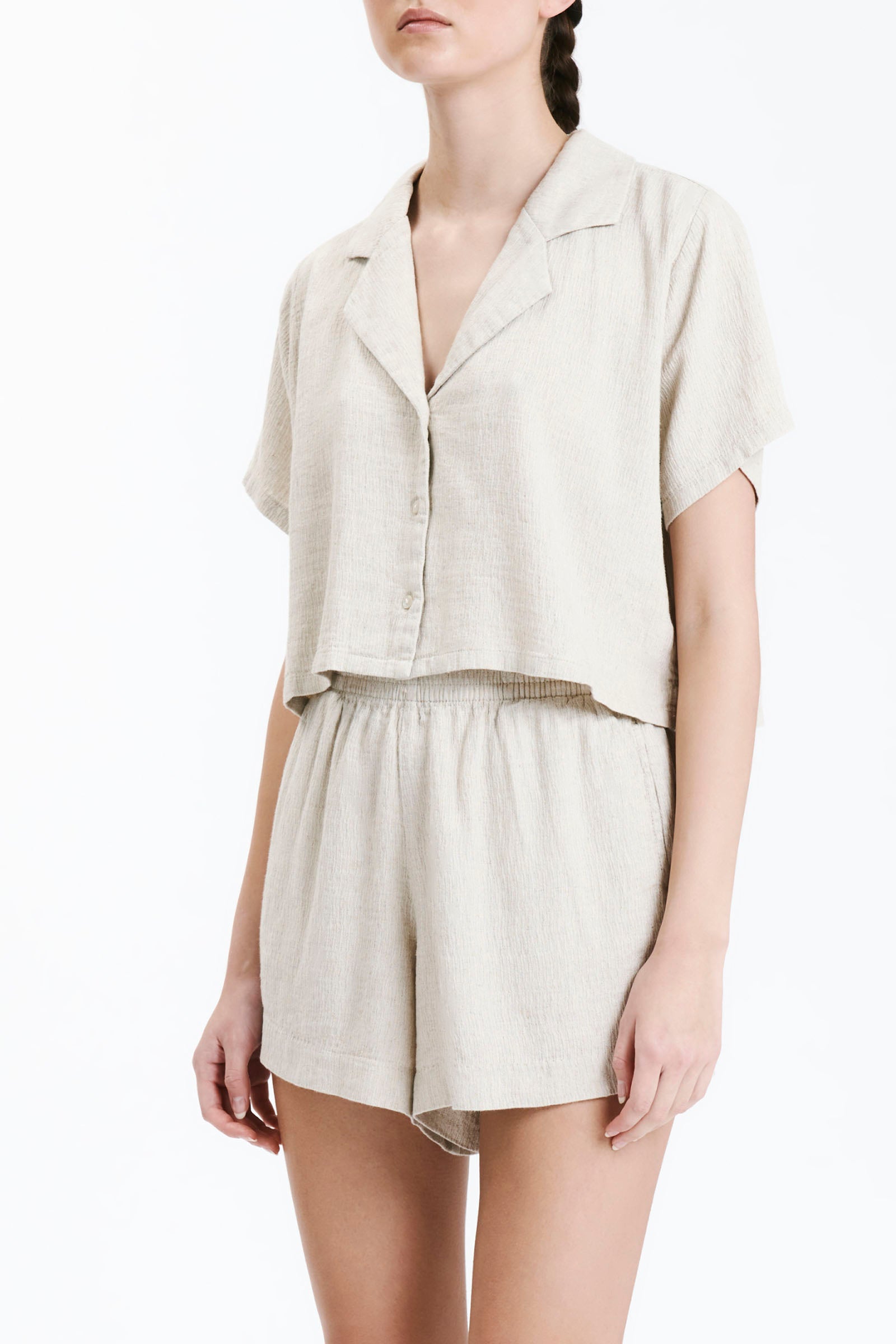 Ace Cropped Shirt Oat Colour - Linen Cotton Blend With A Slight Crinkle Finish 