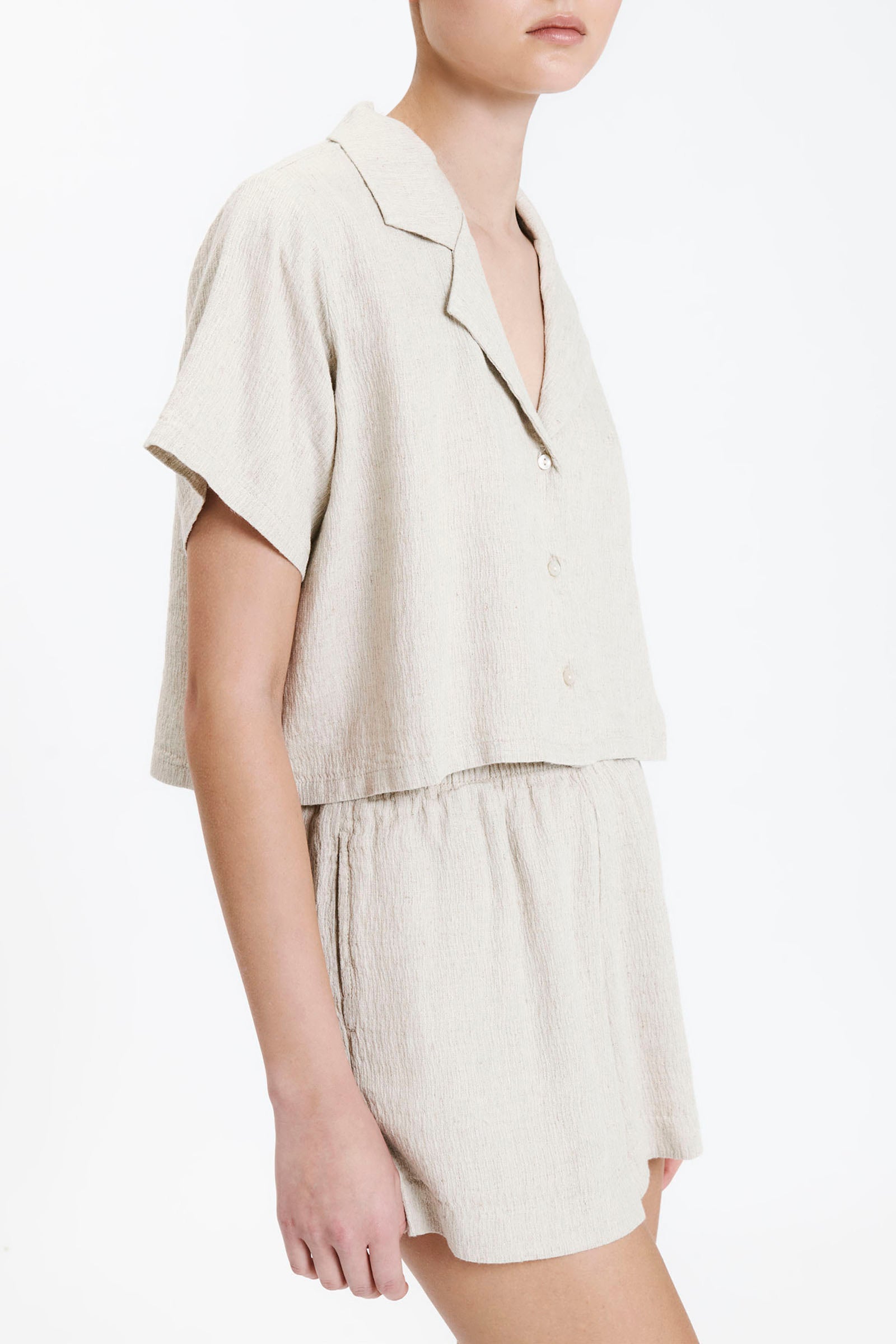 Ace Cropped Shirt Oat Colour - Linen Cotton Blend With A Slight Crinkle Finish 