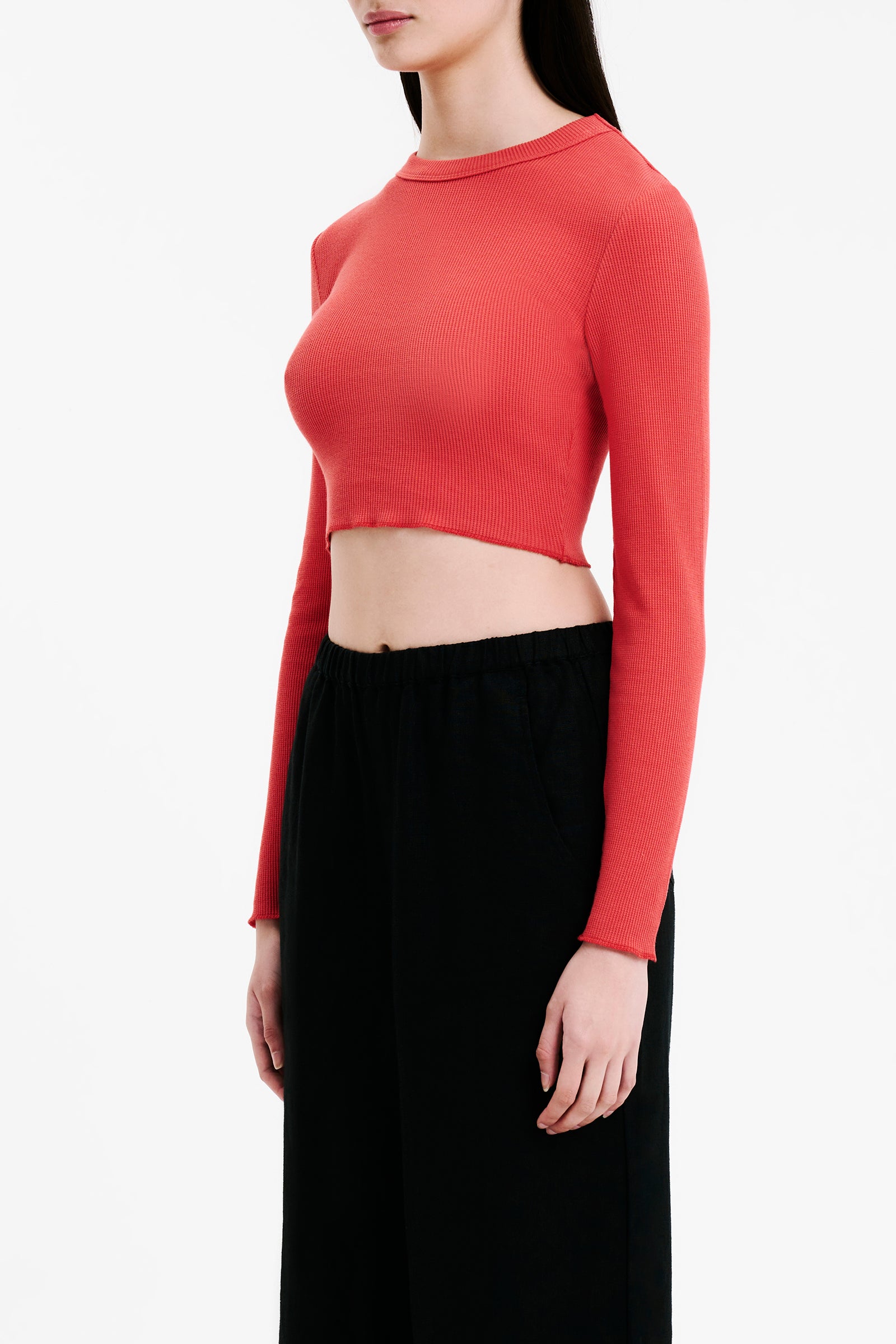 Nude Lucy Essential Long Sleeve Waffle Tee in a Pink & Orange Toned Coral Colour