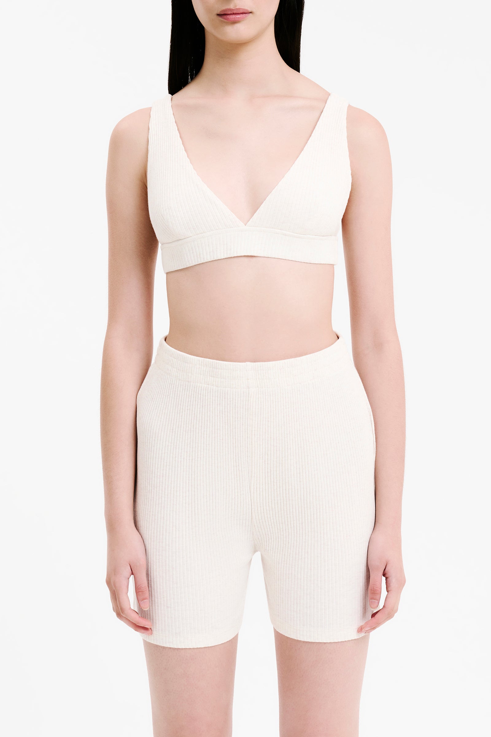 Nude Lucy Lounge Rib Plunge Crop Cream In Marle 
