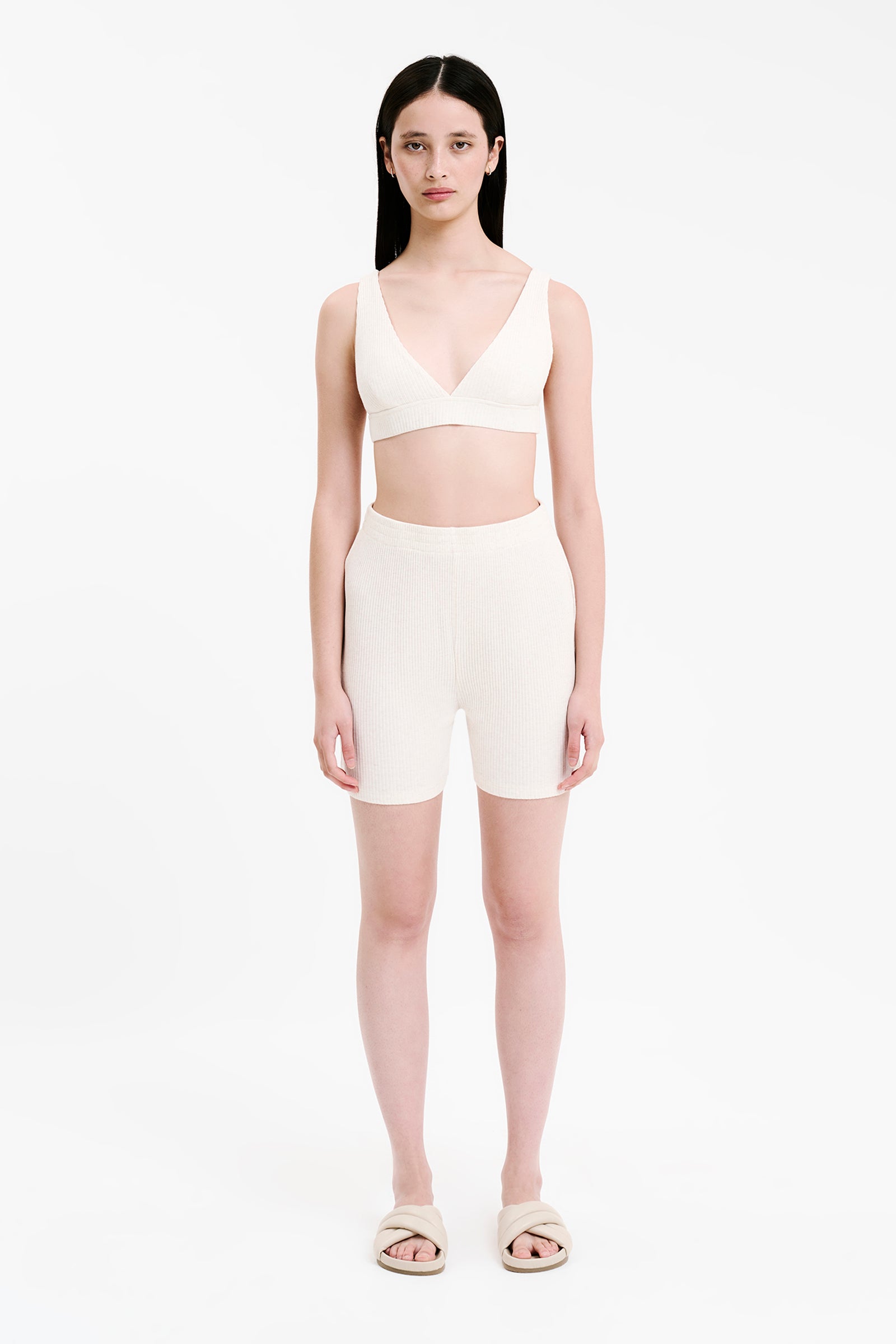 Nude Lucy Lounge Rib Plunge Crop Cream In Marle 