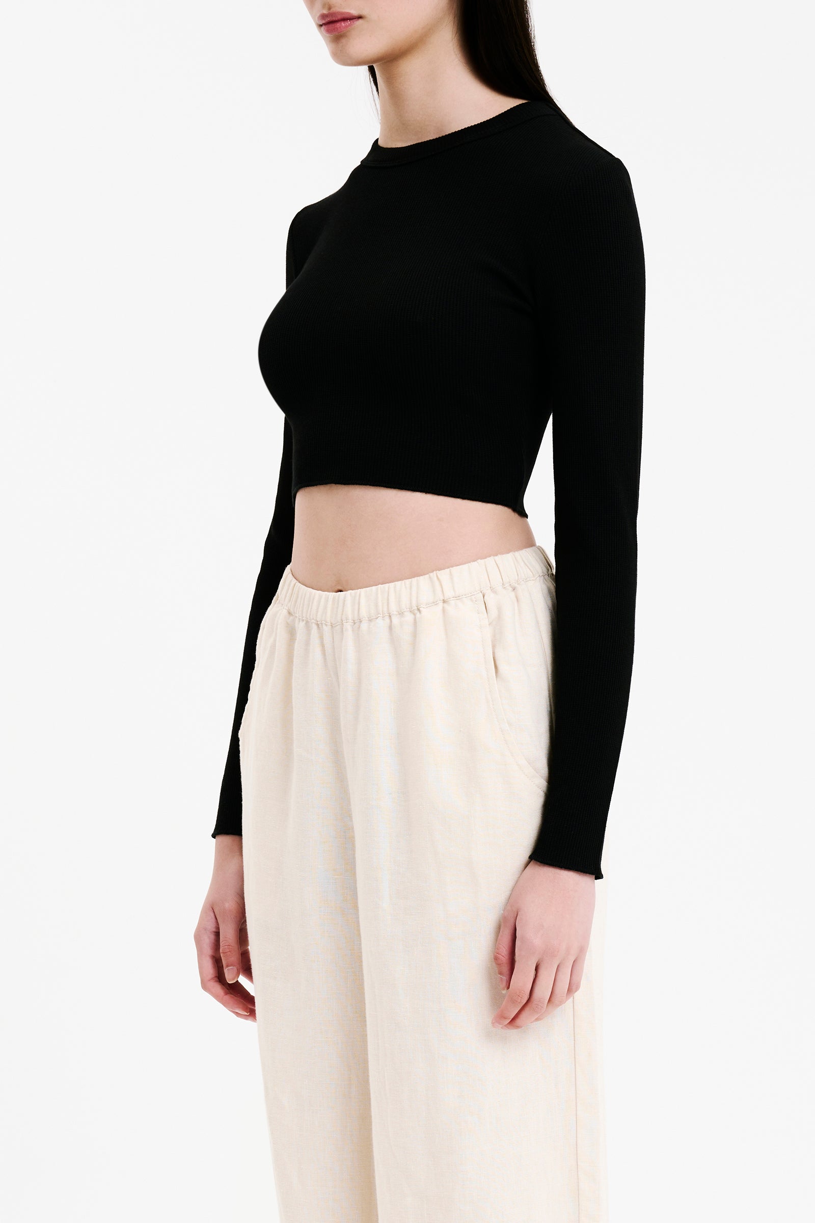 Nude Lucy Essential Long Sleeve Waffle Tee In Black 