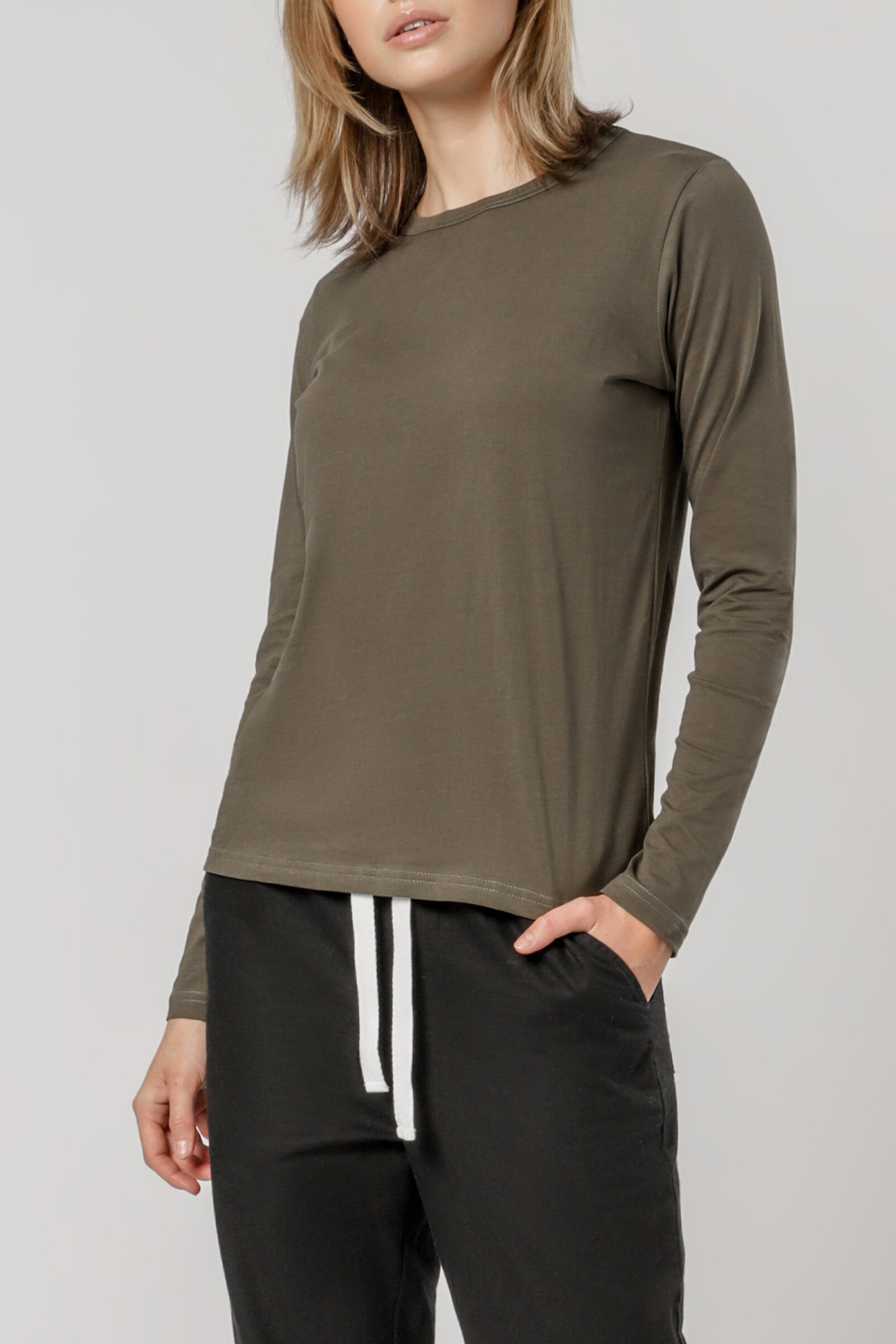 Nude Lucy Ava Long Sleeve Tee Khaki Top 