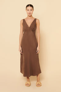 Nude Lucy Reese Cupro V Neck Midi Dress In a Brown Chocolate Colour