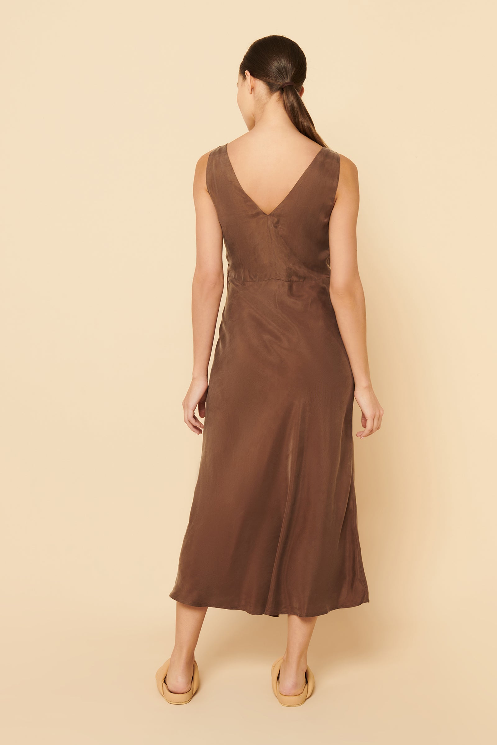 Nude Lucy Reese Cupro V Neck Midi Dress In A Brown Chocolate Colour 