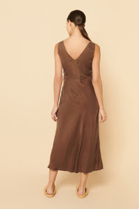 Nude Lucy Reese Cupro V Neck Midi Dress In a Brown Chocolate Colour