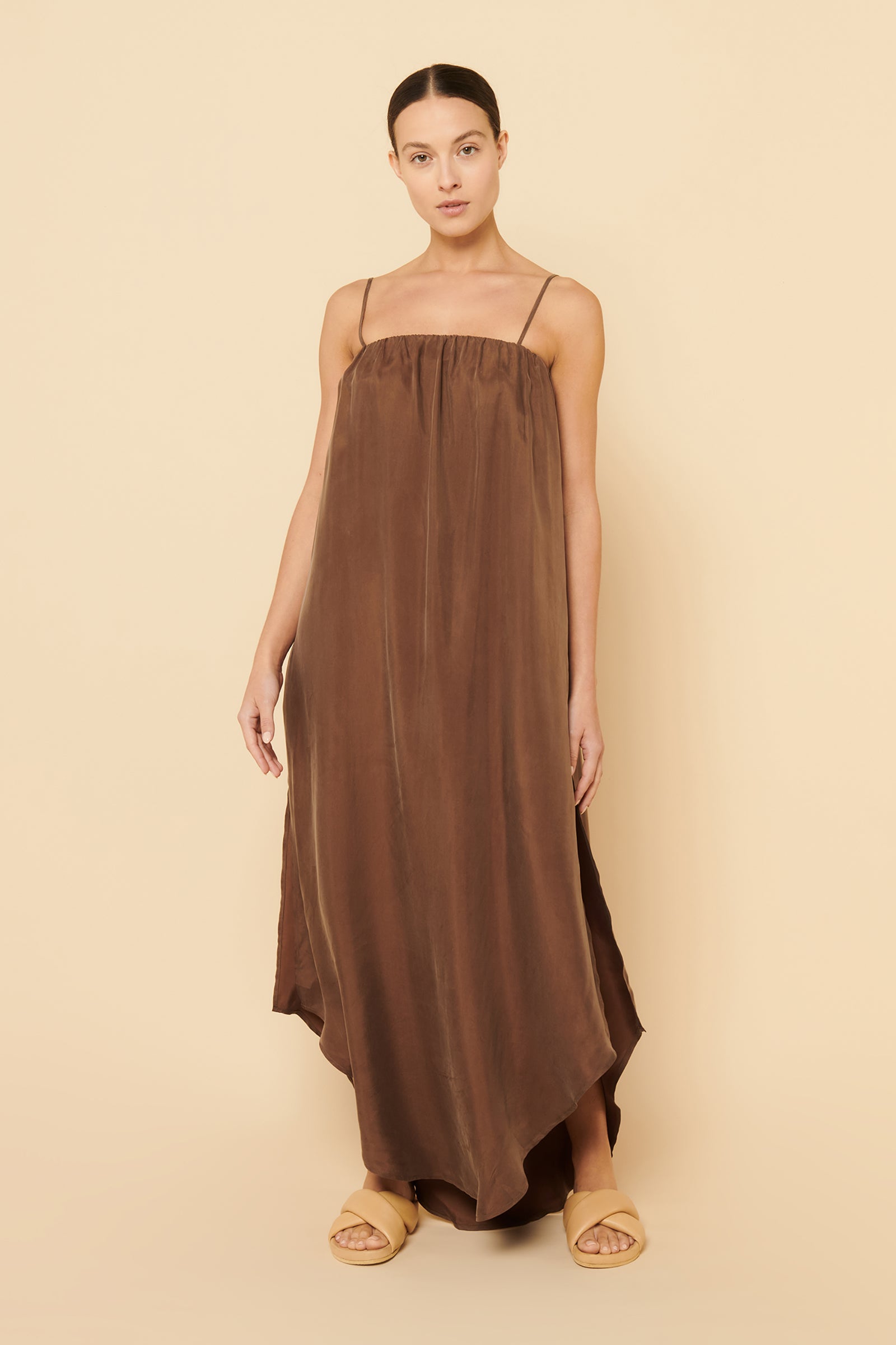Nude Lucy Tia Cupro Maxi Dress In a Brown Chocolate Colour